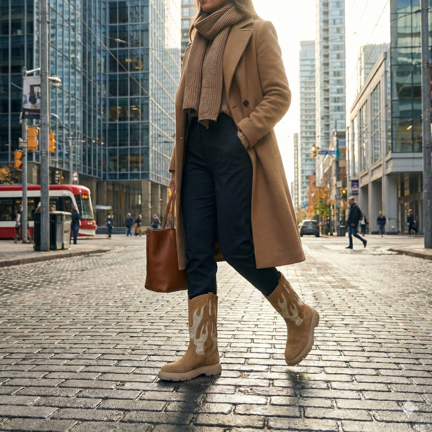 Women's Suede Western Platform Boots - Tan & Cream Urban Cowboy Style