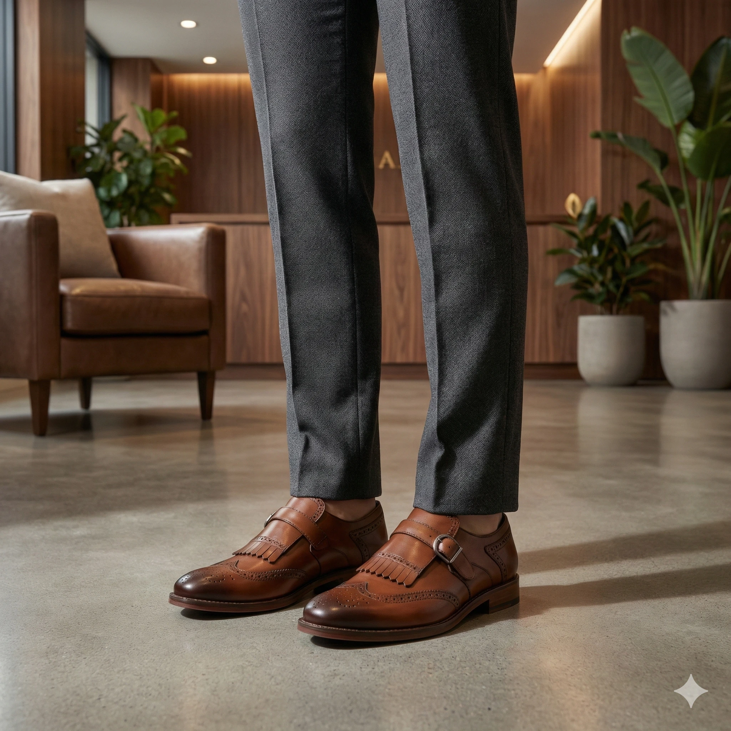 Brown leather wingtip monk strap shoes with fringe, paired with dark trousers in a modern wood lobby.