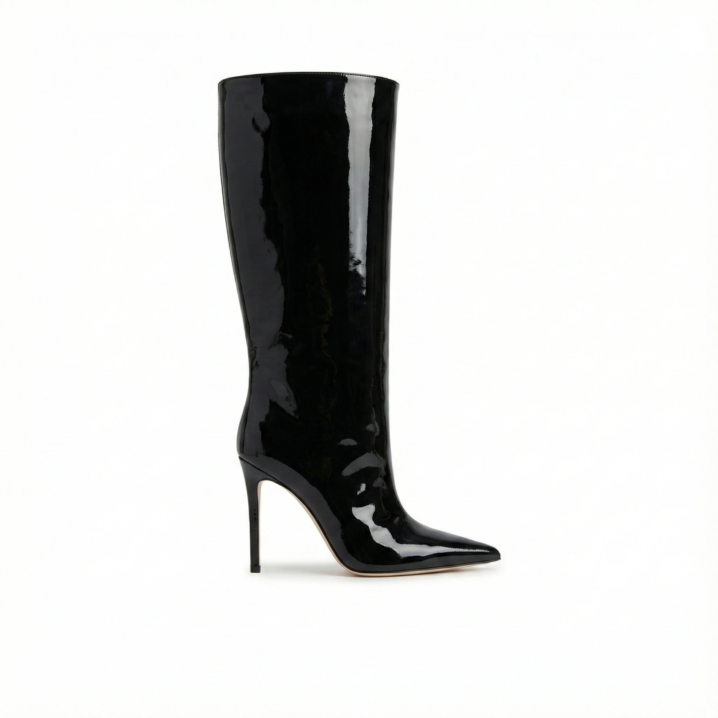 Glossy black patent leather knee-high boot with a pointed toe and slender stiletto heel.