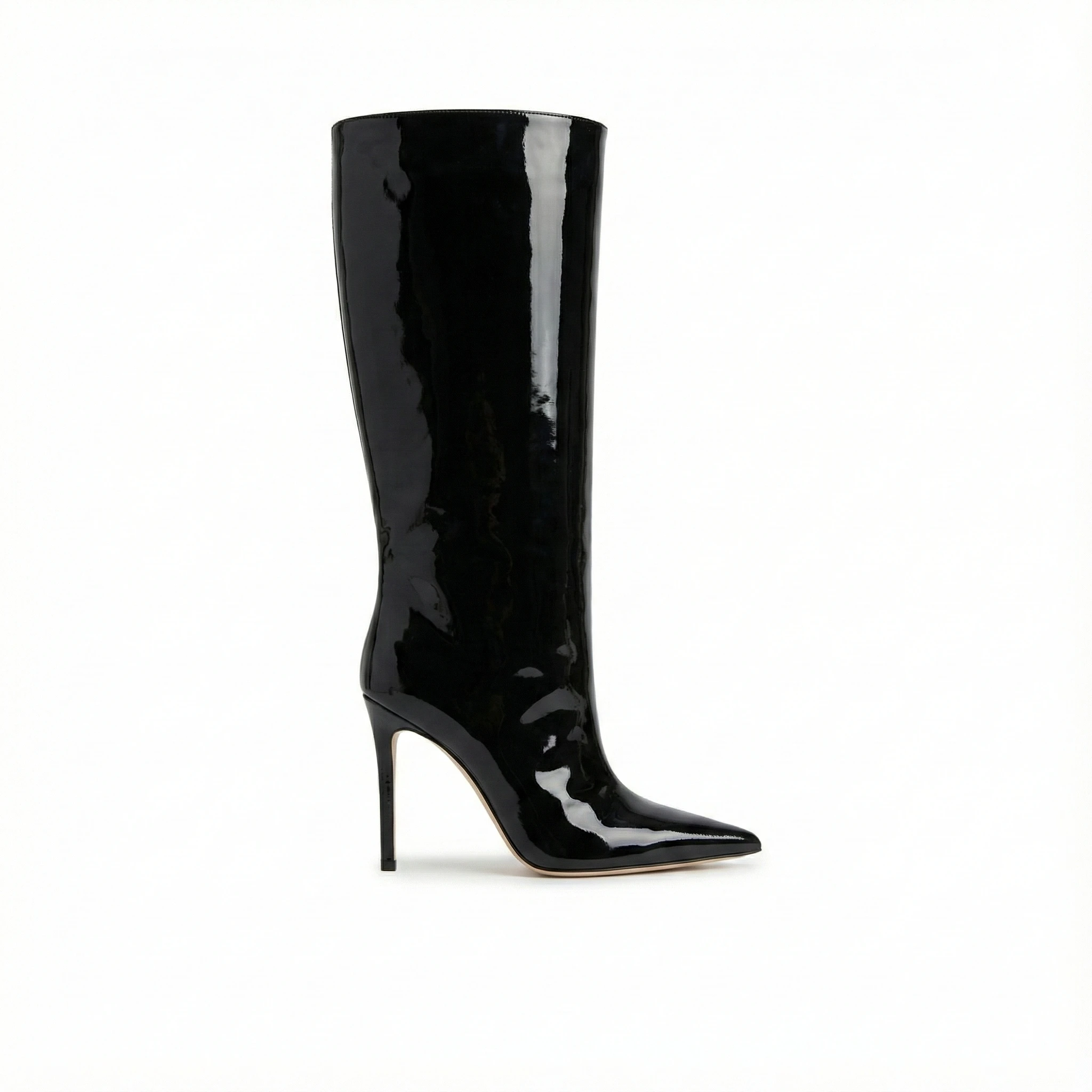 Glossy black patent leather knee-high boot with a pointed toe and slender stiletto heel.