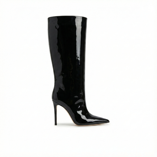 Glossy black patent leather knee-high boot with a pointed toe and slender stiletto heel.