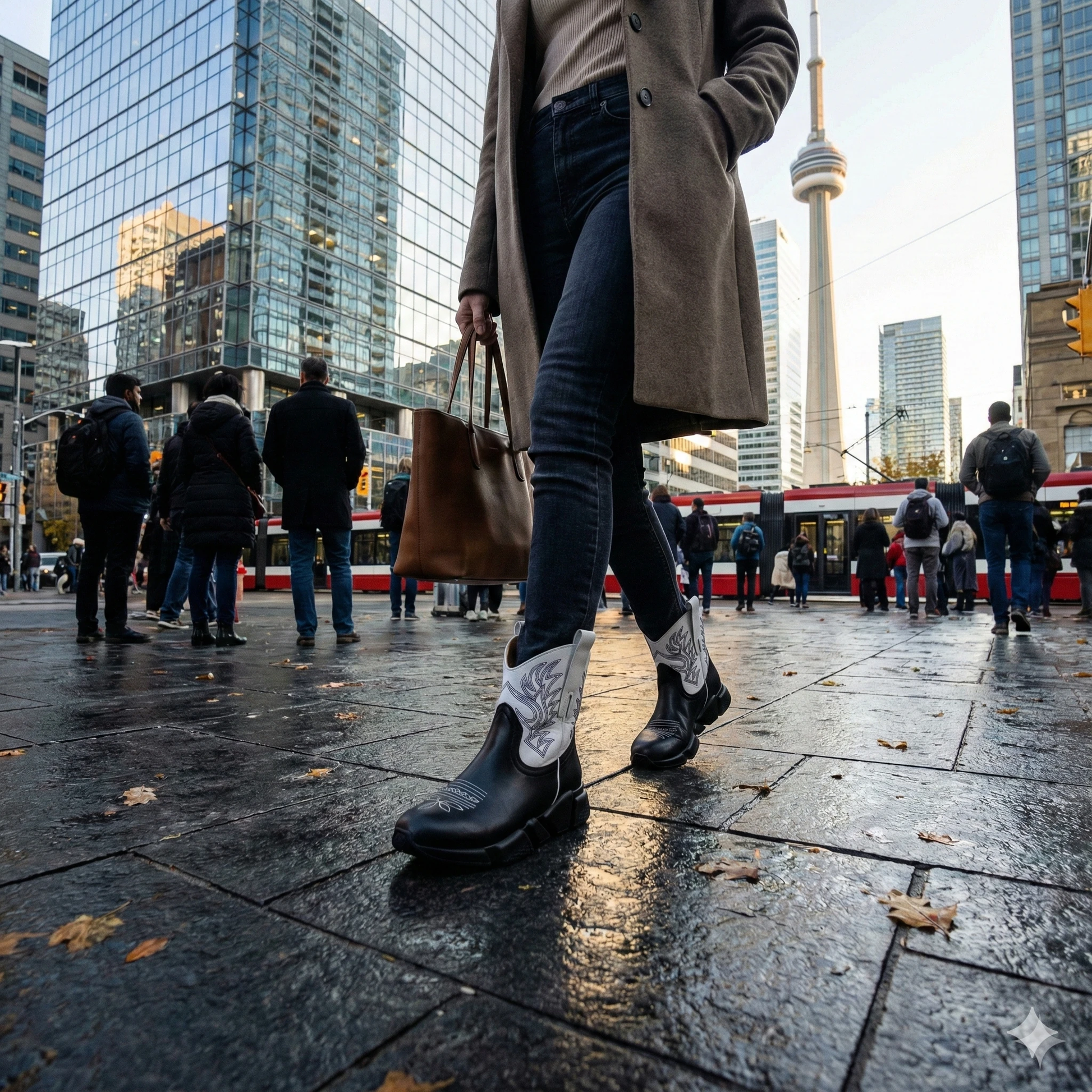 Person in dark jeans and tan coat walks on wet city pavement, showing black-and-white leather hybrid western boots.
