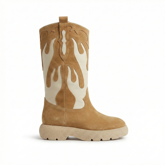 Women's Suede Western Platform Boots - Tan & Cream Urban Cowboy Style