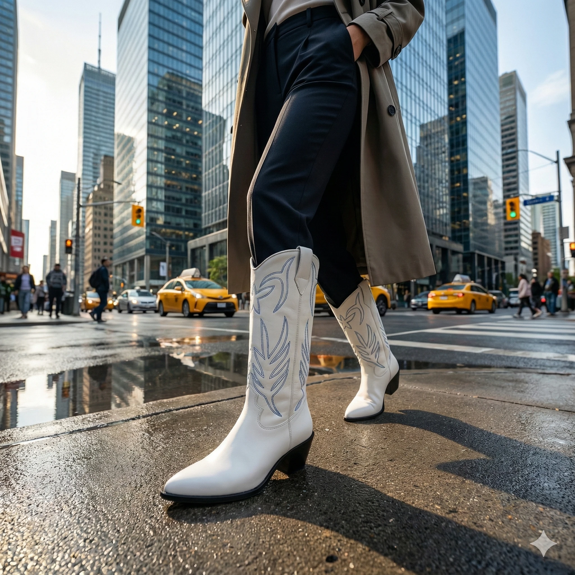 White leather Western boots with blue contrast stitching, worn with a trench coat and black pants, walking on a wet city street.