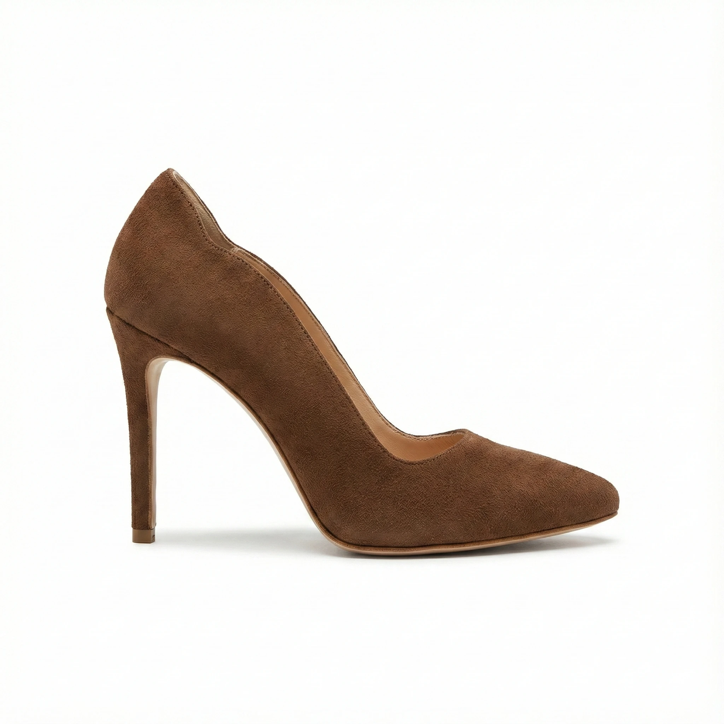 Brown suede pointed-toe stiletto with scalloped edges and tall heel, side view.
