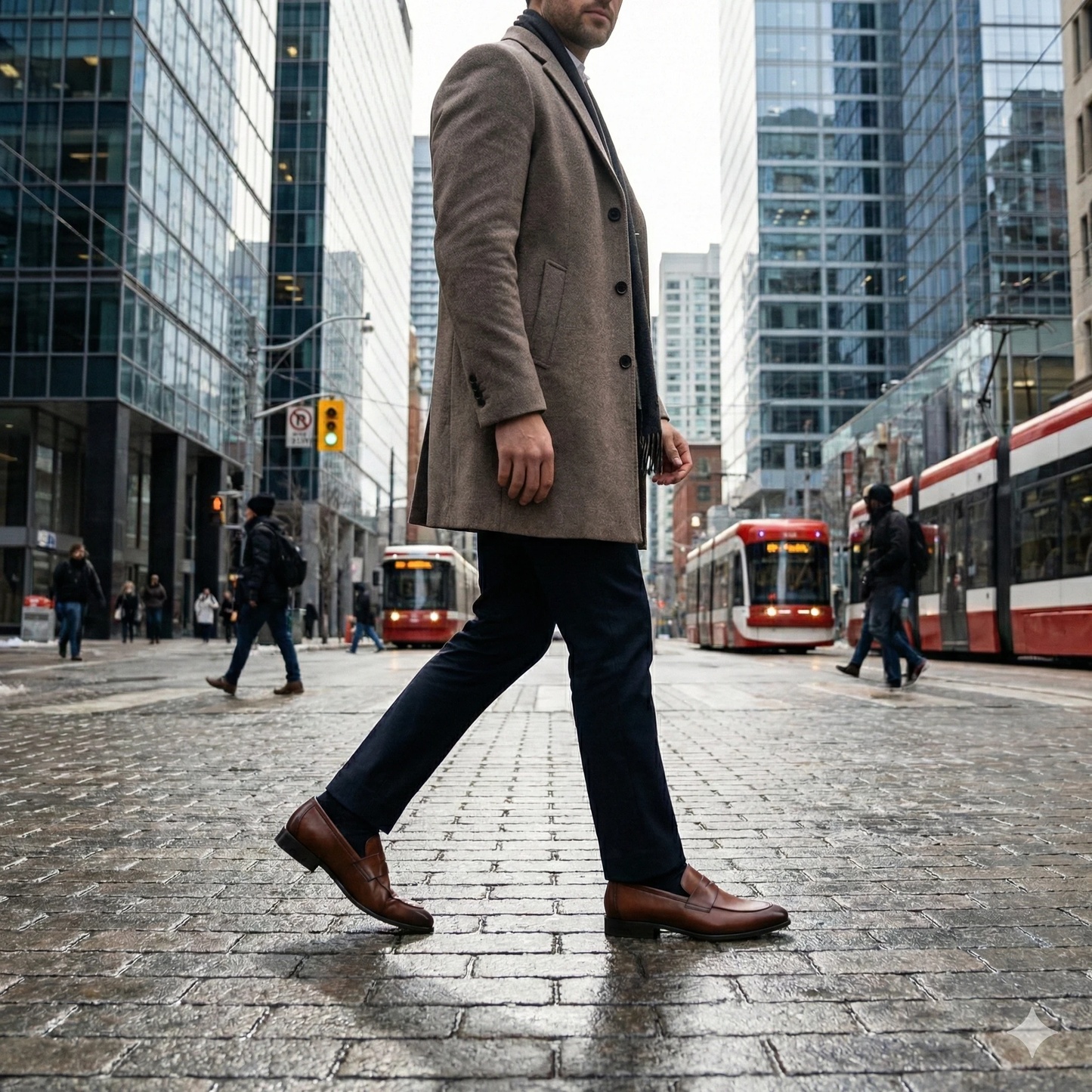 Side view of a man in a cognac brown leather penny loafer on a wet city street, wearing navy pants and a tan overcoat.