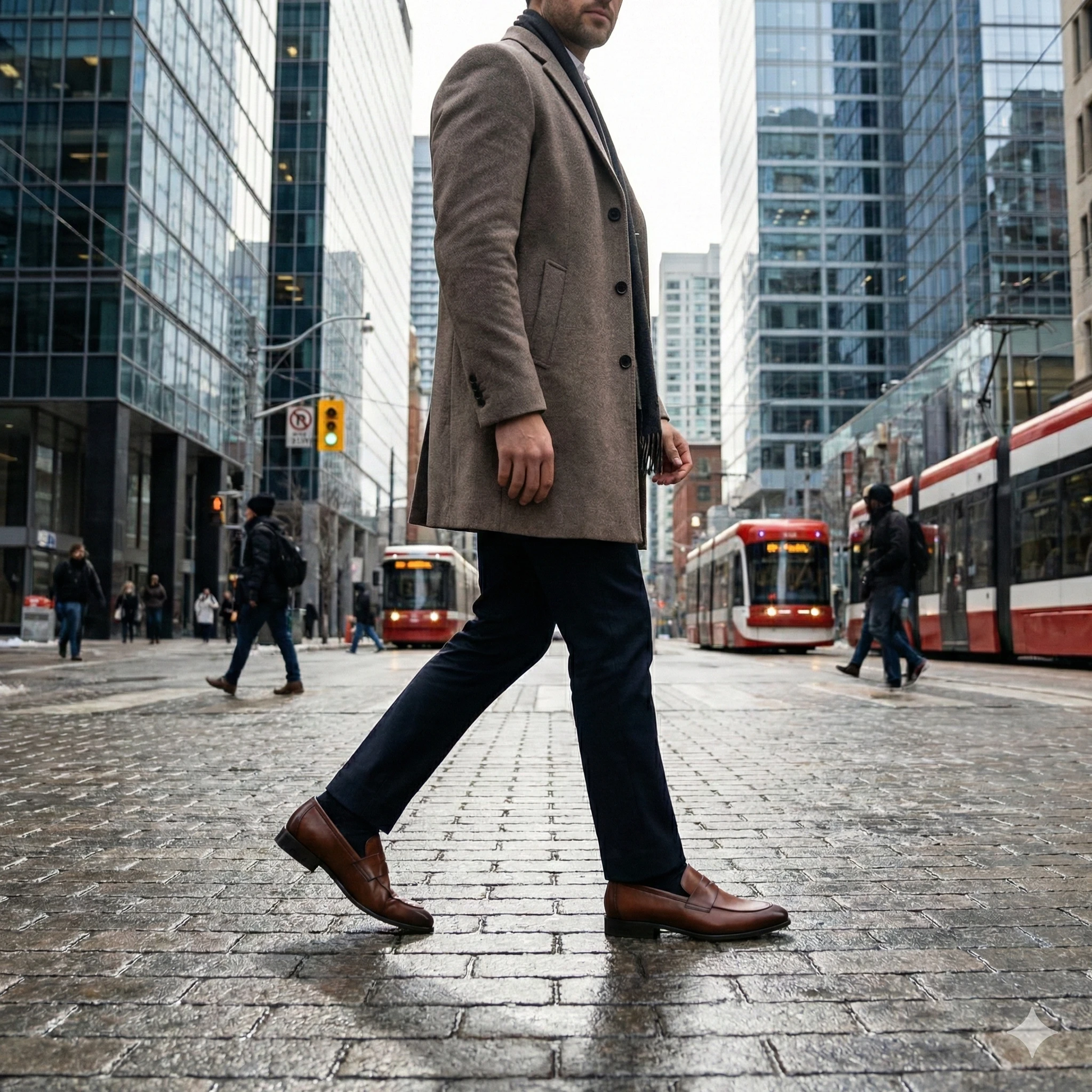 Side view of a man in a cognac brown leather penny loafer on a wet city street, wearing navy pants and a tan overcoat.