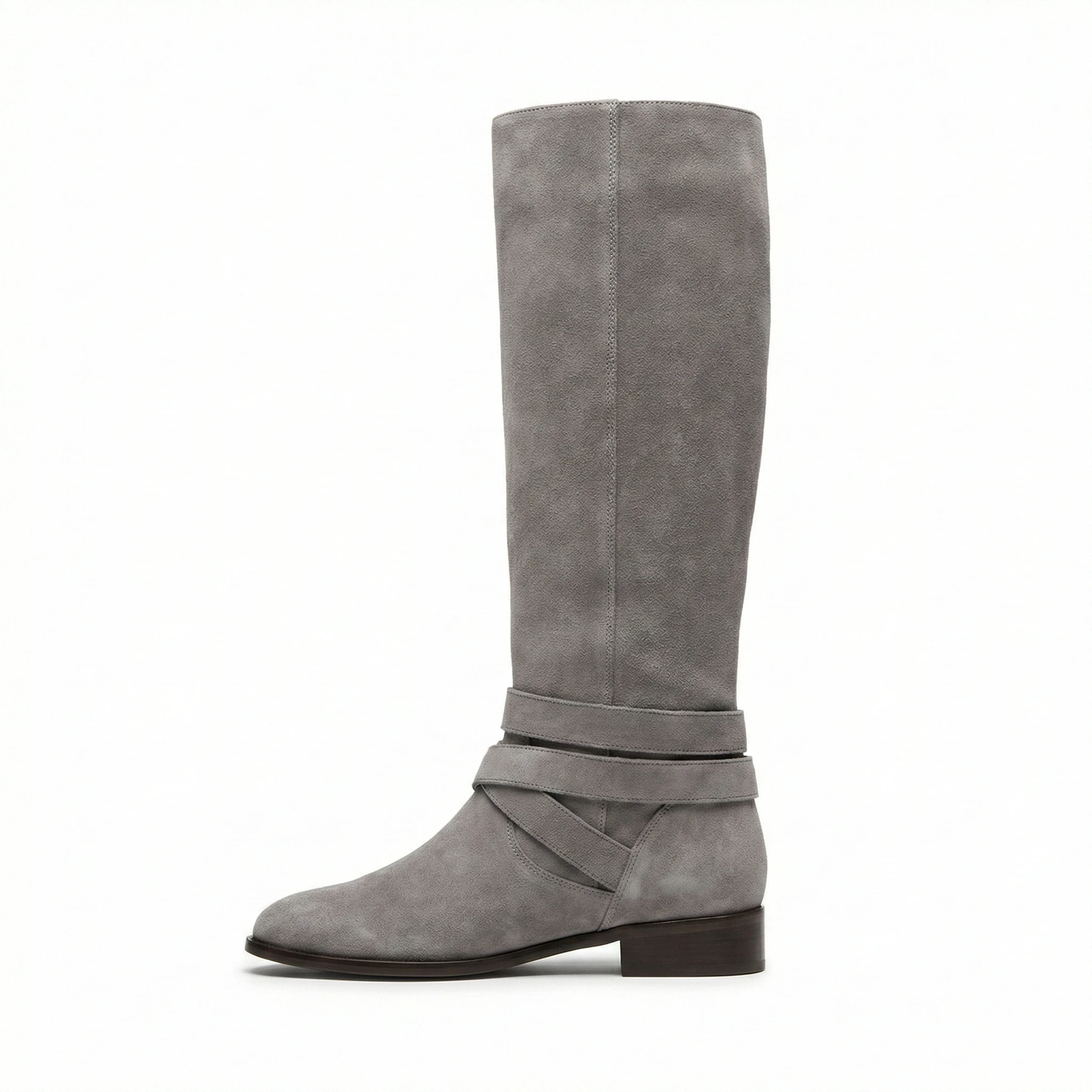 Grey Suede Knee-High Boots - Handcrafted Strapped Long Boots