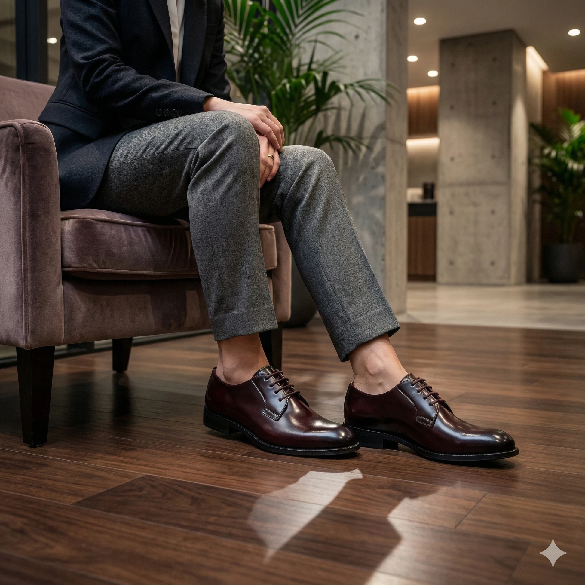 Seated man in a dark blazer and gray trousers wearing burgundy burnished leather Derby shoes with black soles on a wood floor in a modern lobby.