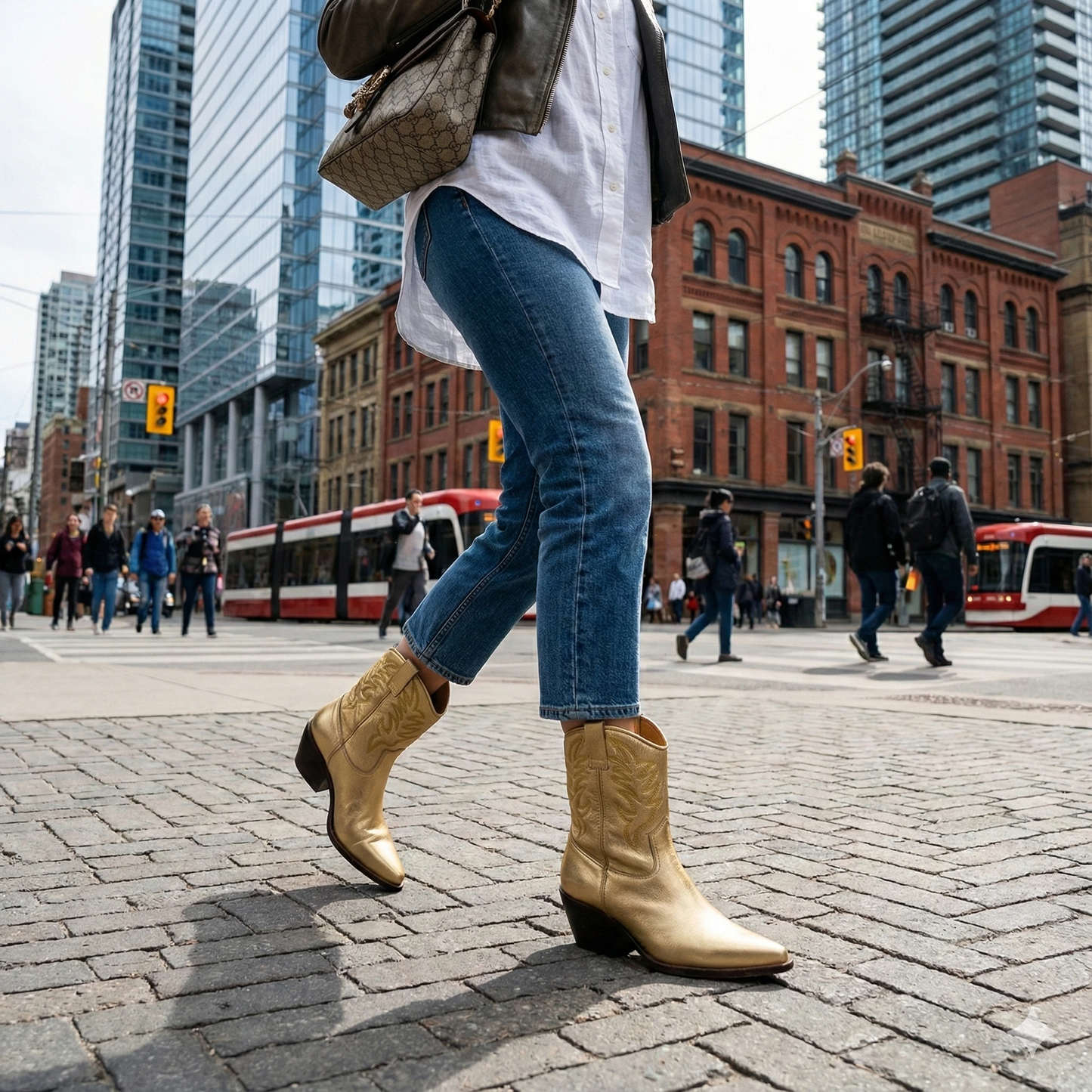 Shiny gold Western-style ankle boots with a pointed toe and stacked heel, worn with blue denim in a city street scene.
