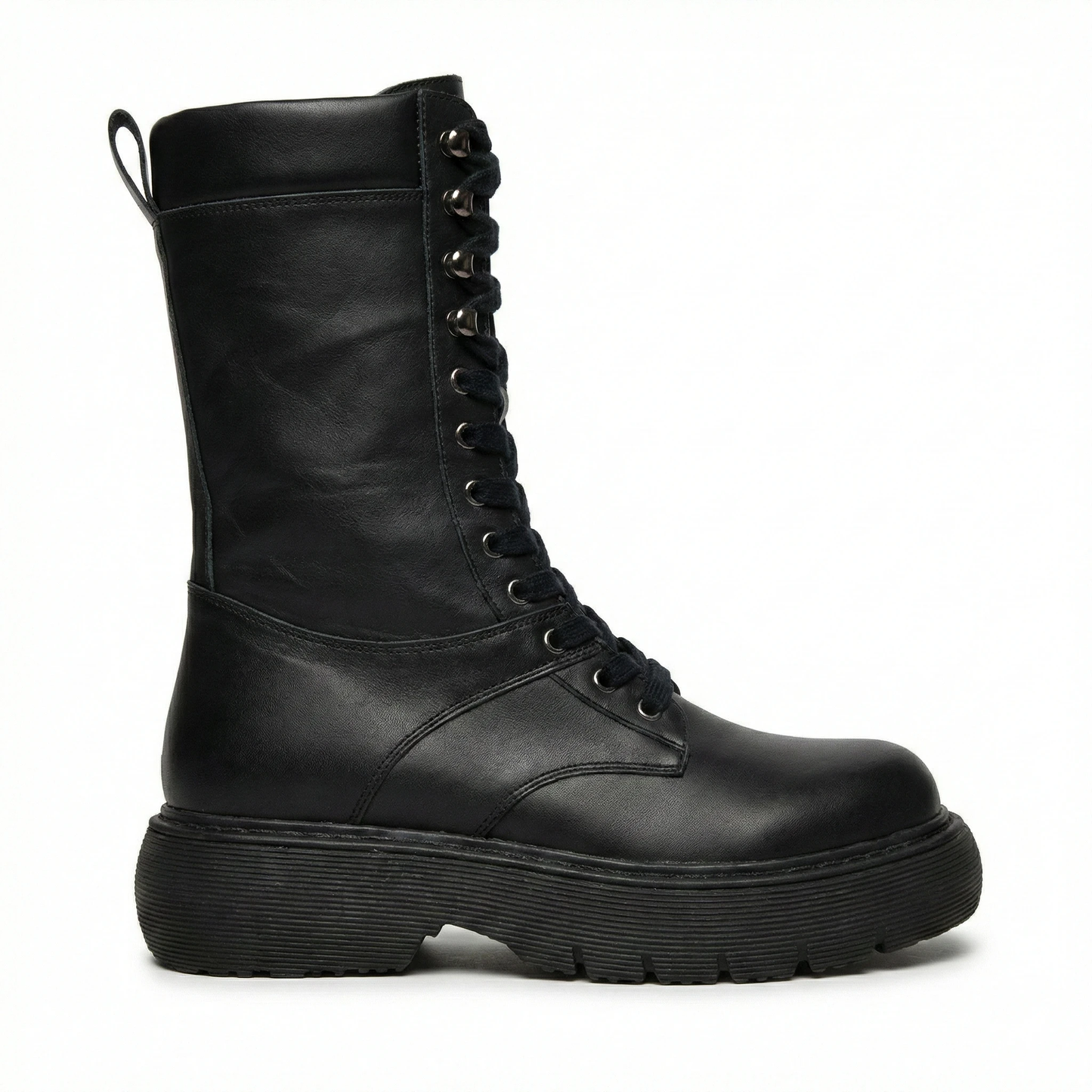 Black leather tall lace-up combat boot with chunky platform sole, metal eyelets, rugged tread, back pull loop.