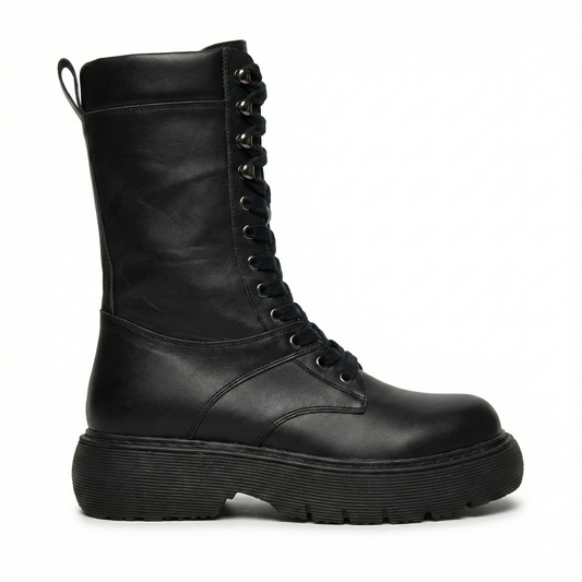 Black leather tall lace-up combat boot with chunky platform sole, metal eyelets, rugged tread, back pull loop.