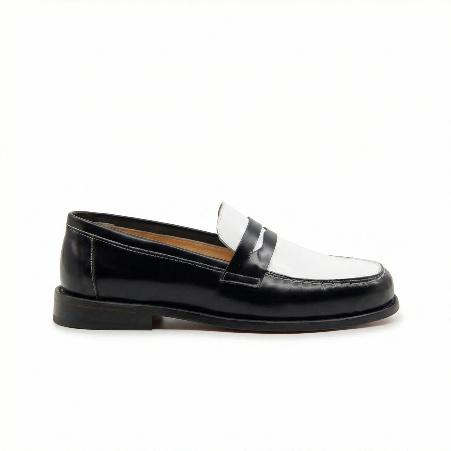Men's Two-Tone Leather Penny Loafers - Black & White Handmade Shoes