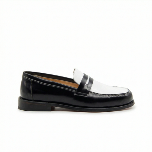 Men's Two-Tone Leather Penny Loafers - Black & White Handmade Shoes