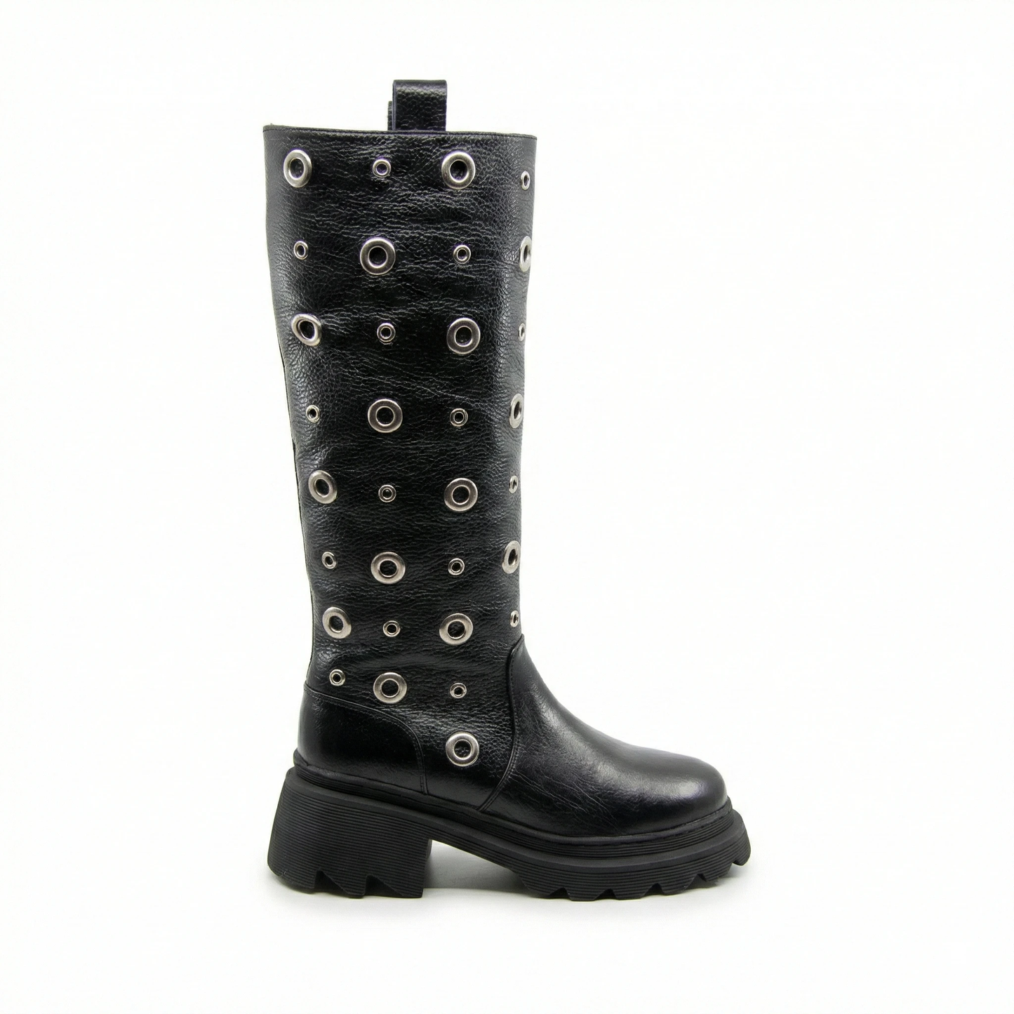 Black Leather Knee-High Grommet Boots with Chunky Lug Sole