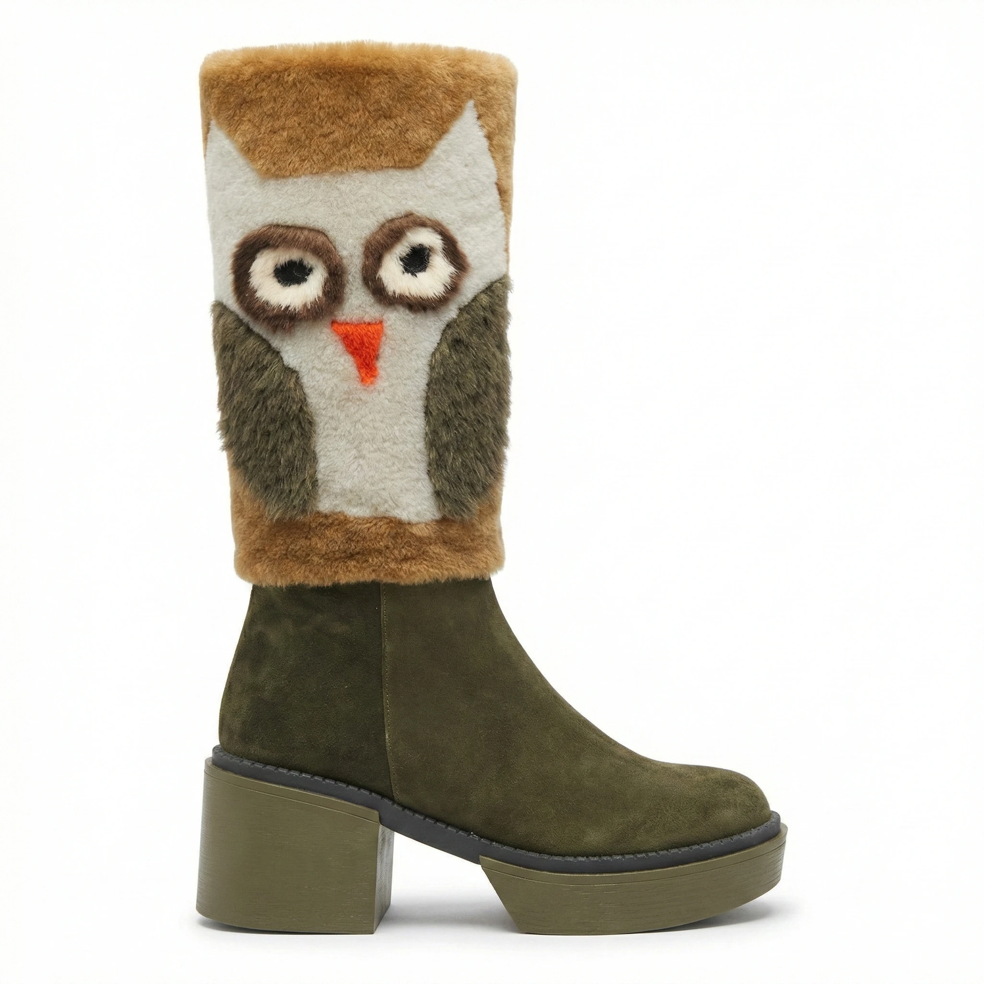 Olive suede platform boot with tan faux-fur cuff featuring an owl face in gray, brown and orange; chunky block heel.