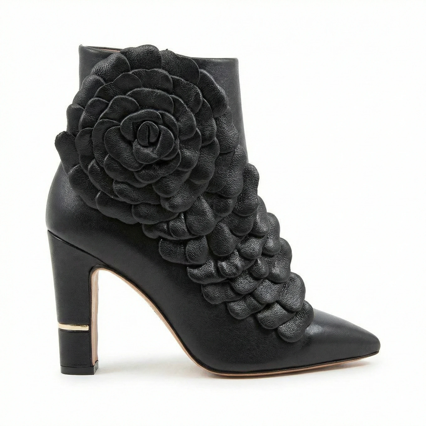 Luxury Black Leather 3D Flower Ankle Boots - Handmade Designer Heels
