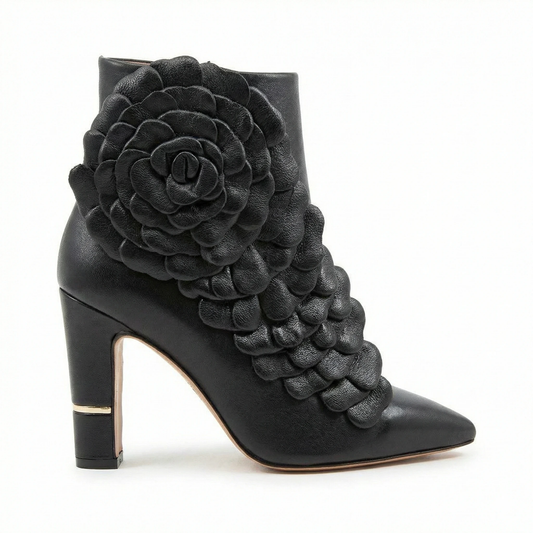 Luxury Black Leather 3D Flower Ankle Boots - Handmade Designer Heels