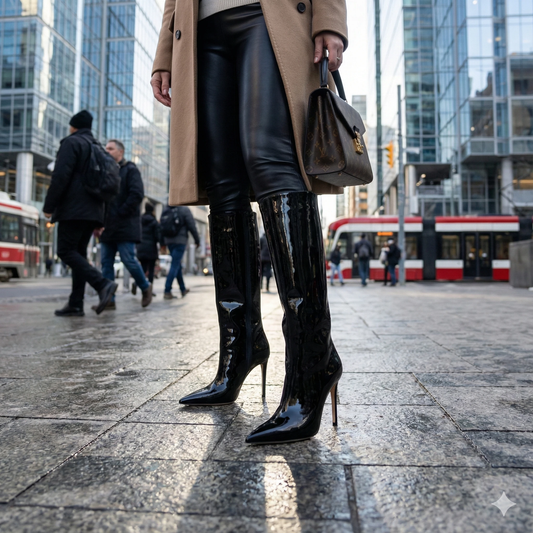 Shiny black patent knee-high boots with pointed toes and slender stiletto heels, paired with leather leggings.