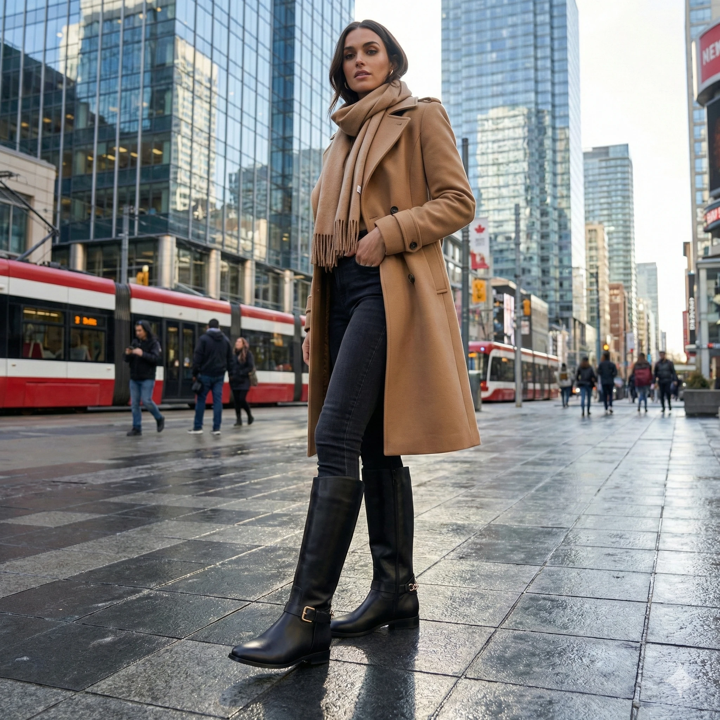 Elegant Black Leather Knee-High Boots with Gold Chain & Buckle Accent