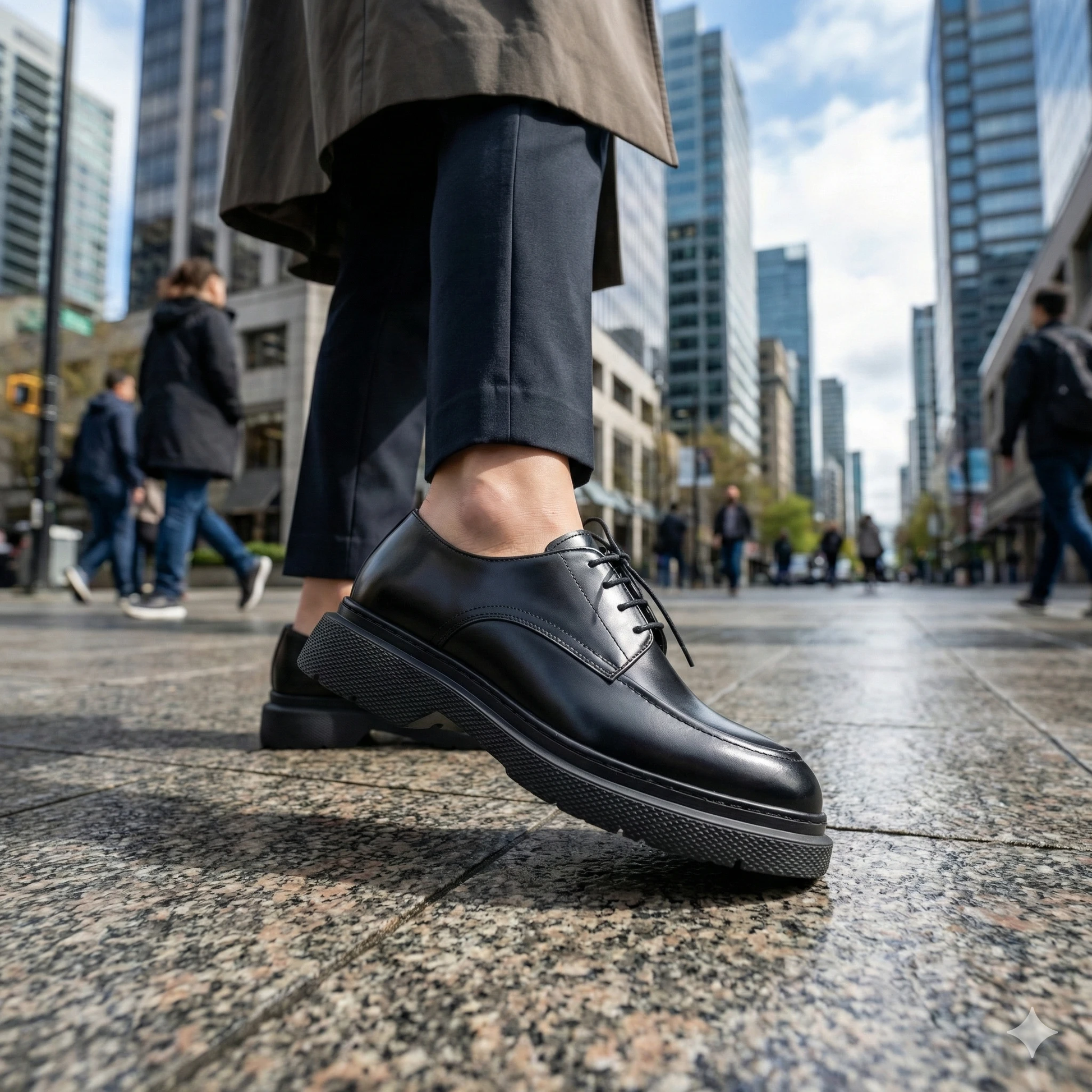 Black leather chunky derby shoes with laces and thick textured sole on a wet city sidewalk among tall buildings.