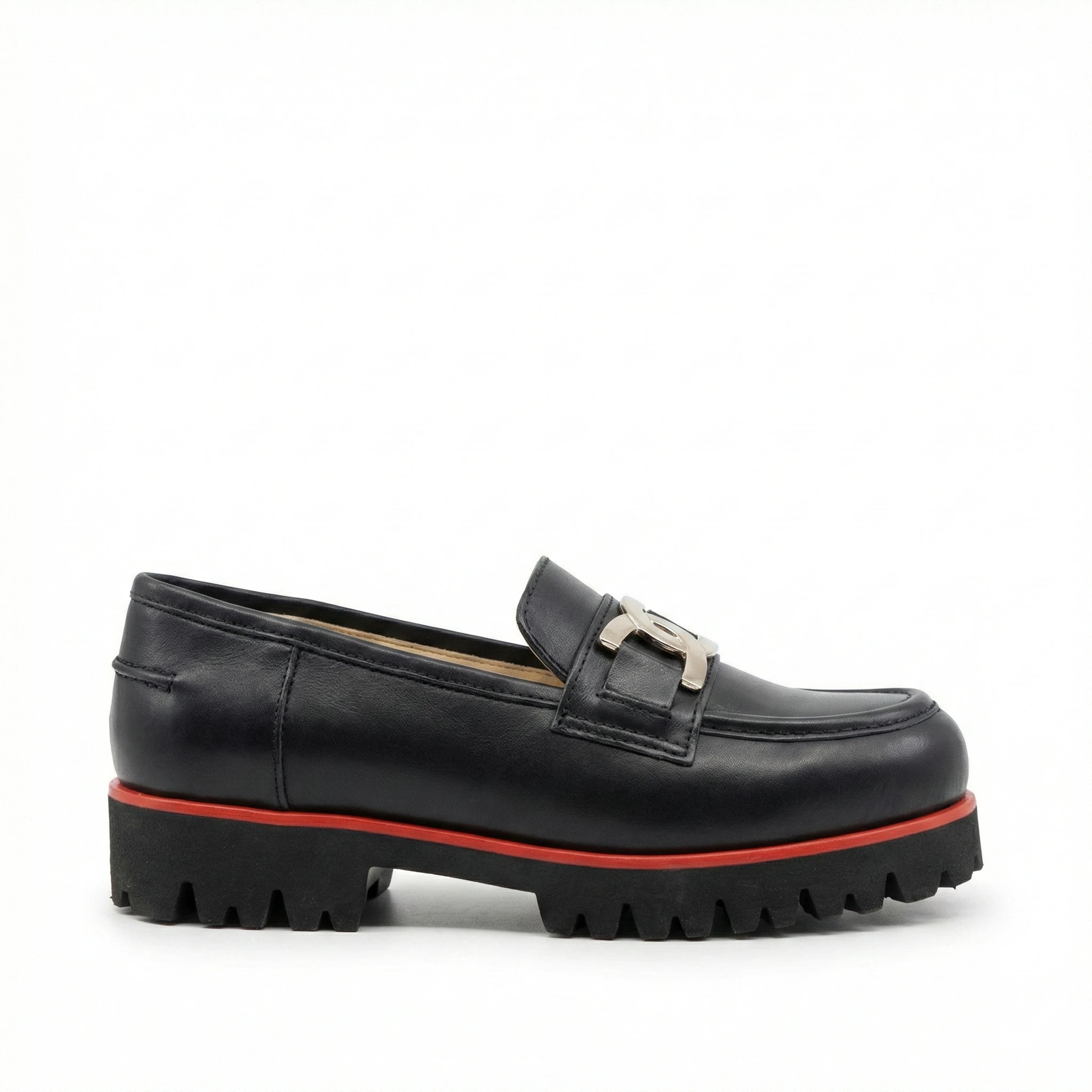 Black leather loafer with a chunky lug sole, silver bit hardware, and a red midsole trim.