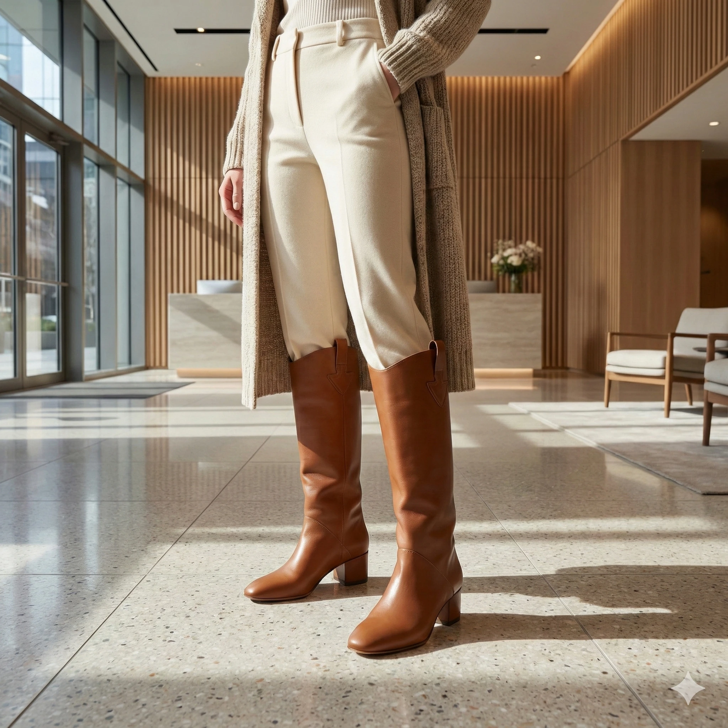 Smooth cognac leather knee-high boots with a block heel, paired with beige trousers, in a sunlit wood-paneled lobby.