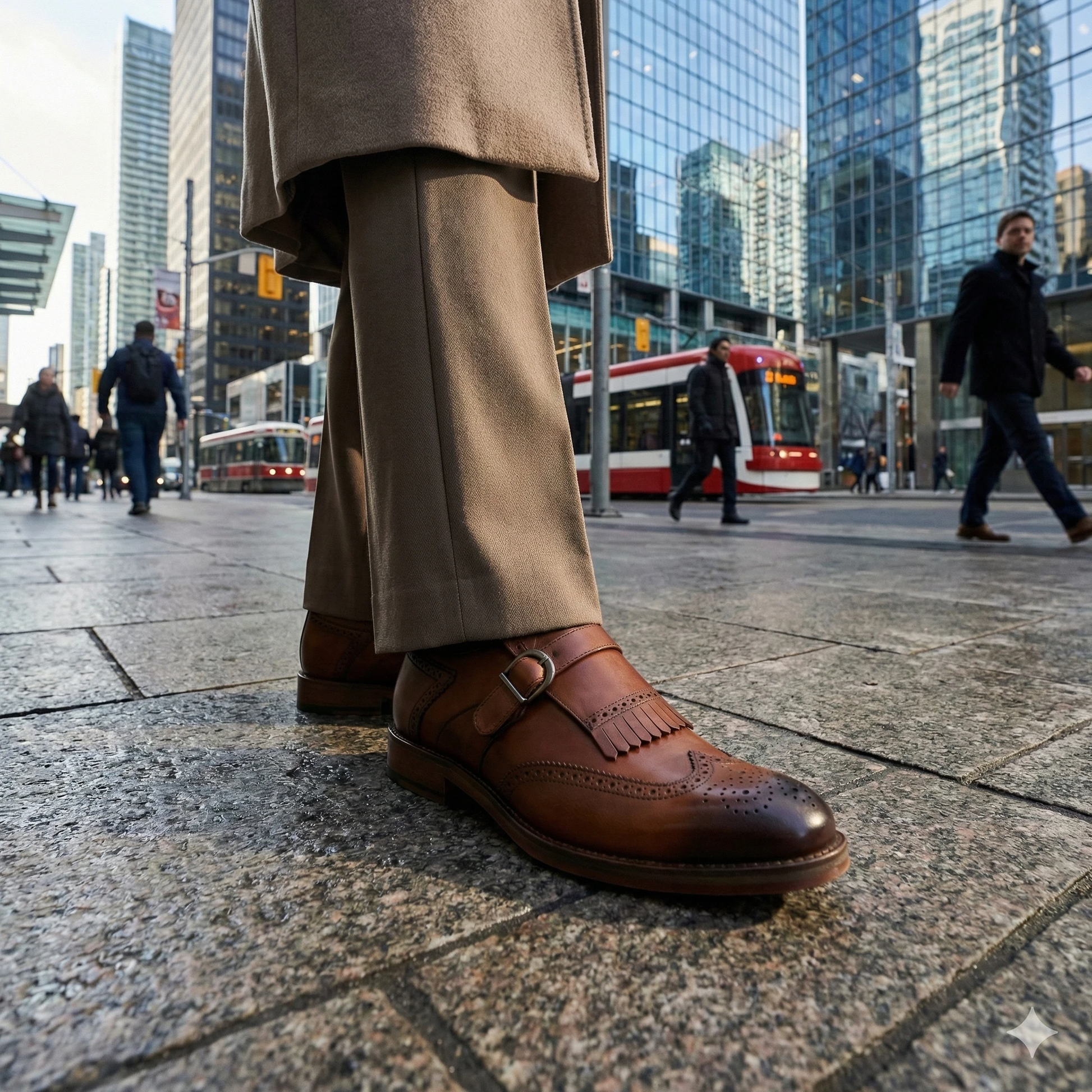 Brown leather wingtip monk strap shoe with fringe kiltie and brogue perforations, on city sidewalk beside tan trousers.