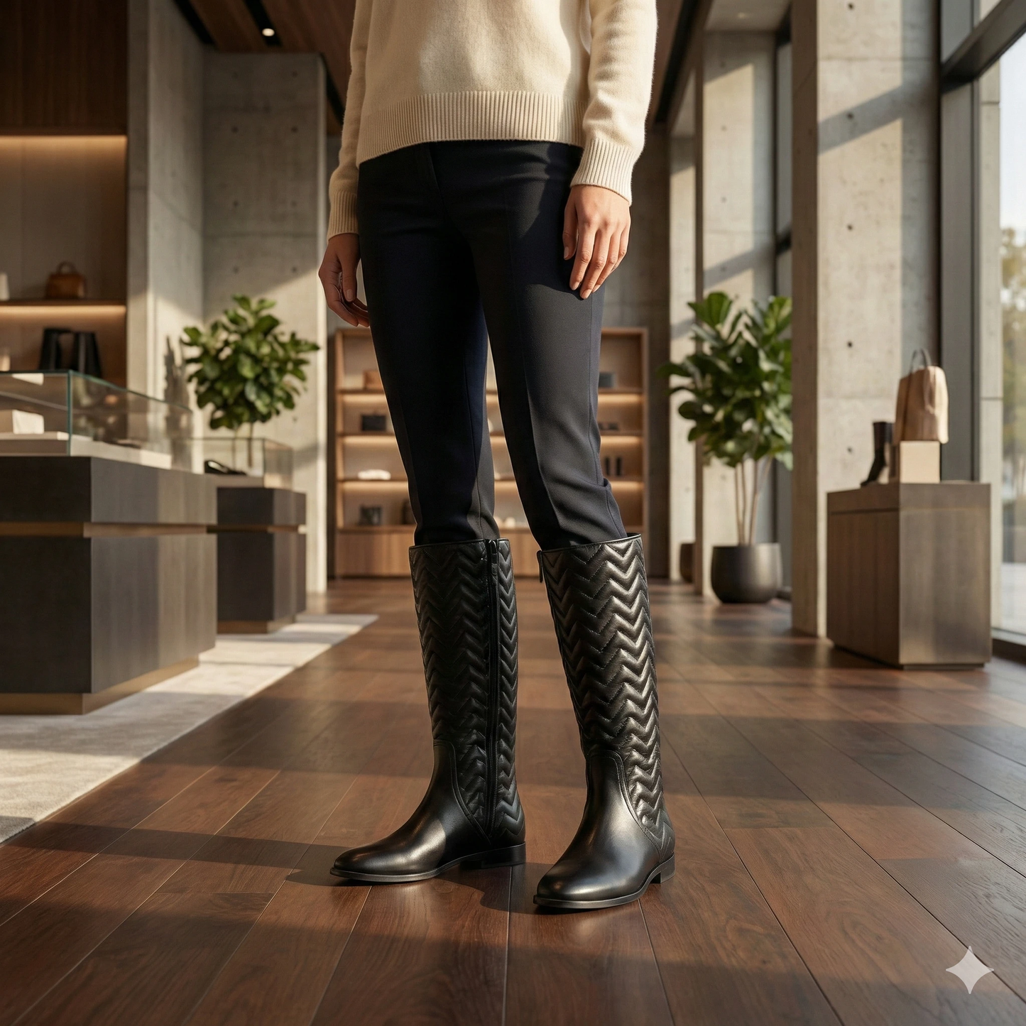 Woman wearing black knee-high chevron-stitched leather boots, standing in a modern store with a wooden floor.