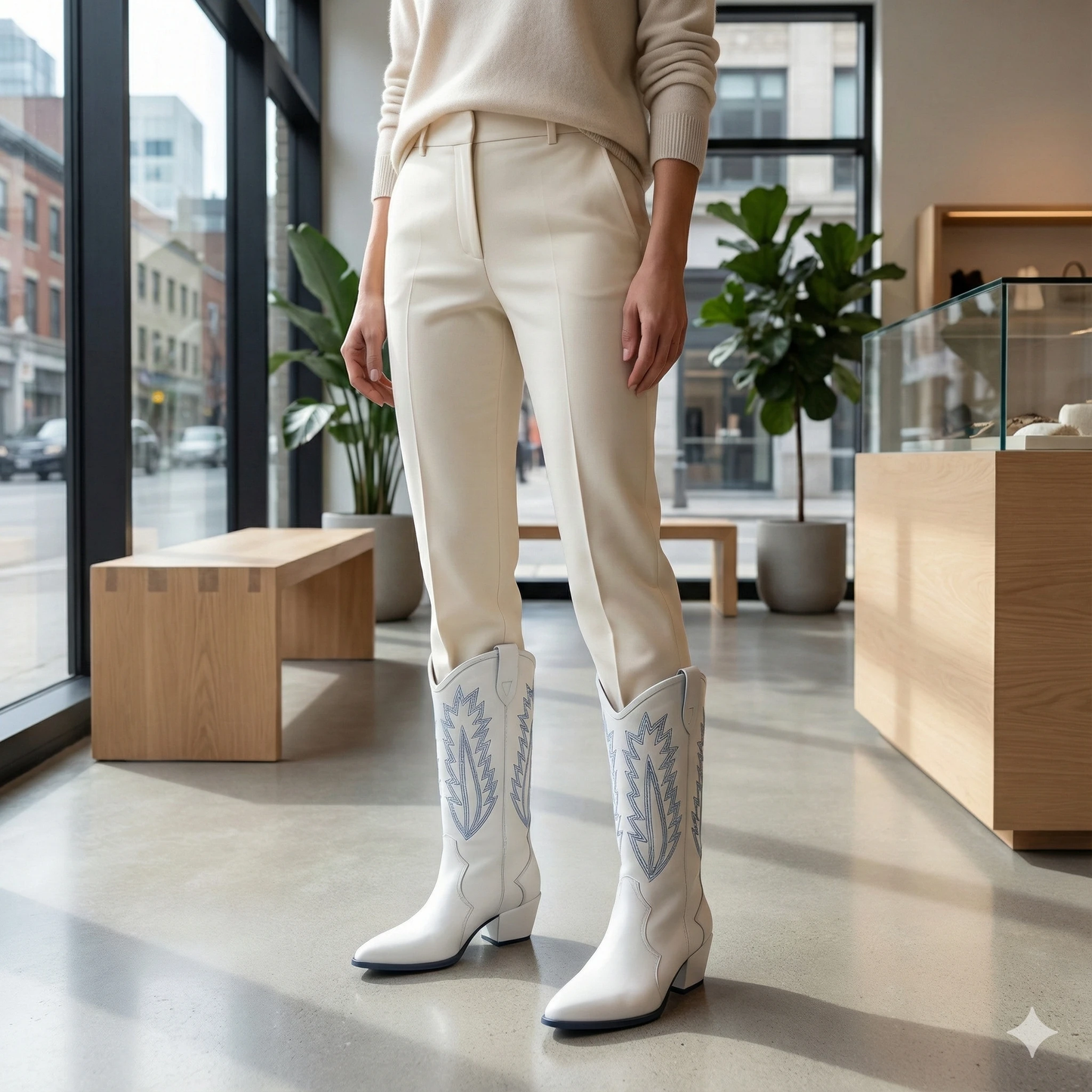 White leather western cowboy boots with blue flame embroidery, worn with cream pants in a bright showroom.