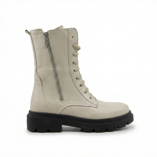 Women's Off-White Genuine Leather Combat Boots - Chunky Lug Sole