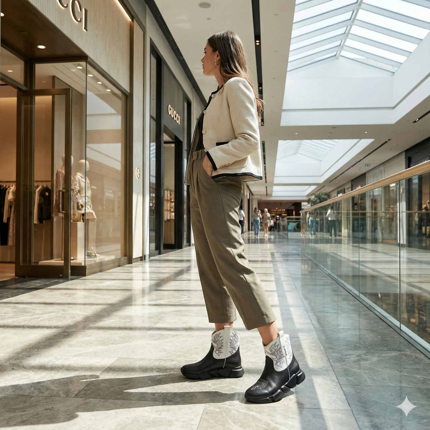 Woman in beige blazer and olive pants wears black leather western sneaker boots with white shafts in a mall.