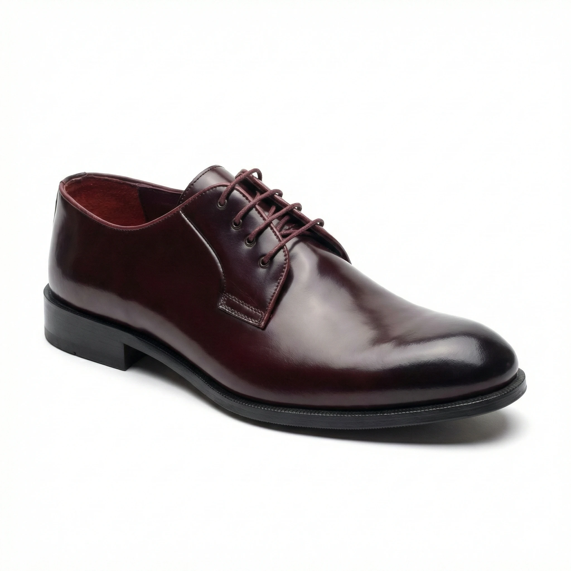 Glossy burgundy burnished leather men's Derby shoe with lace-up front, rounded toe, and black sole.