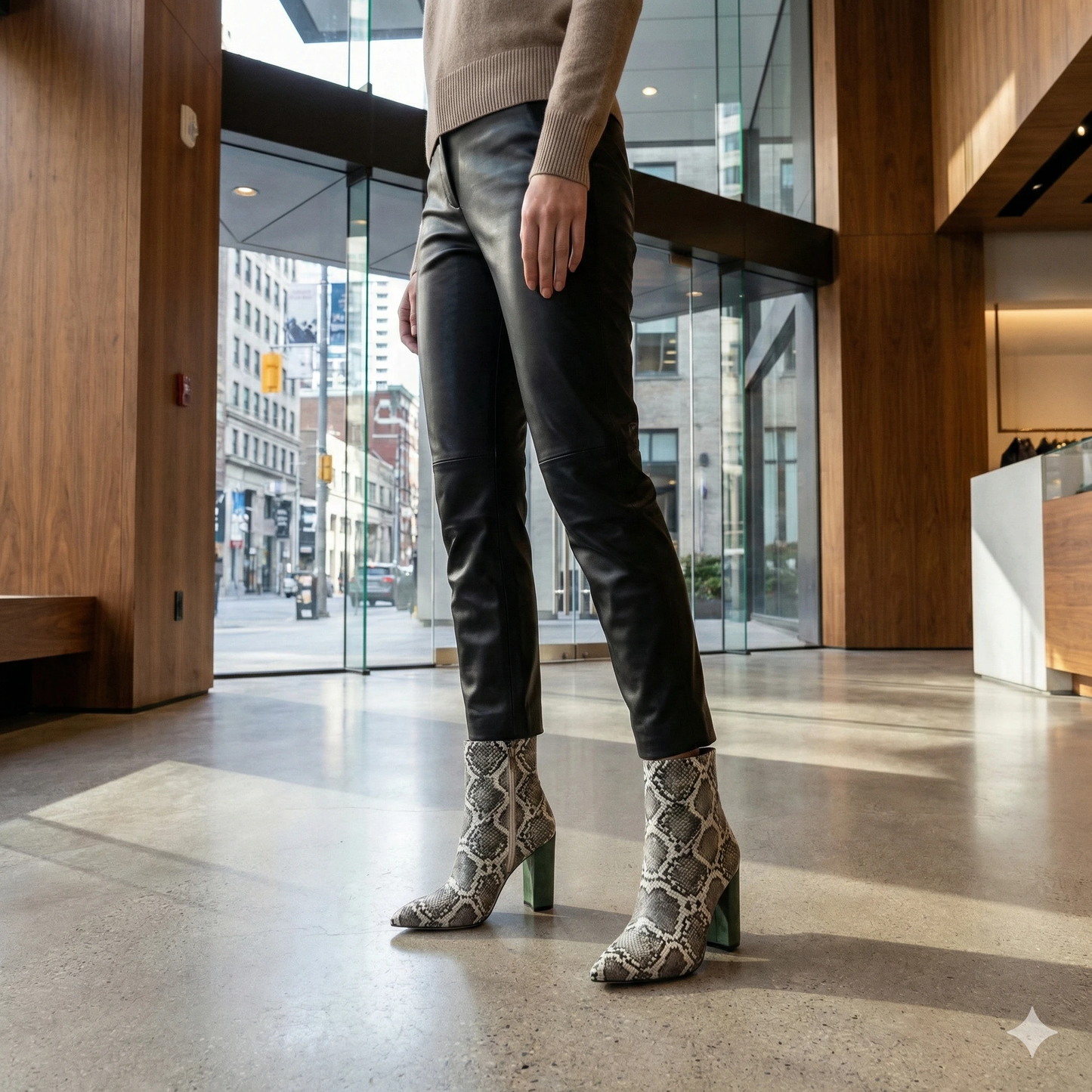 Snakeskin Pointed Toe Ankle Boots - Green Suede Block Heel Chic