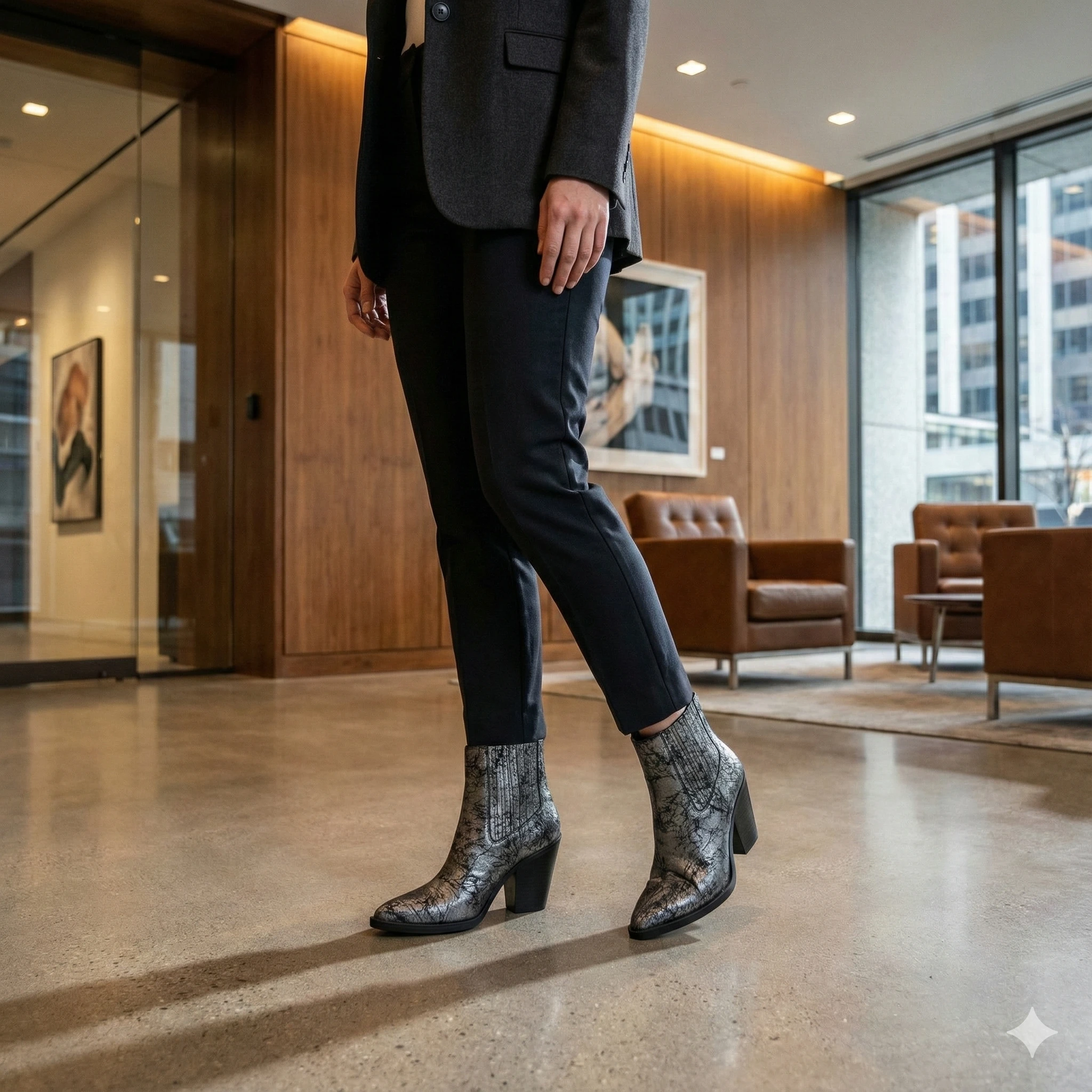 Silver cracked-texture ankle boots with pointed toe and chunky block heel, black tailored pants in a modern lobby.