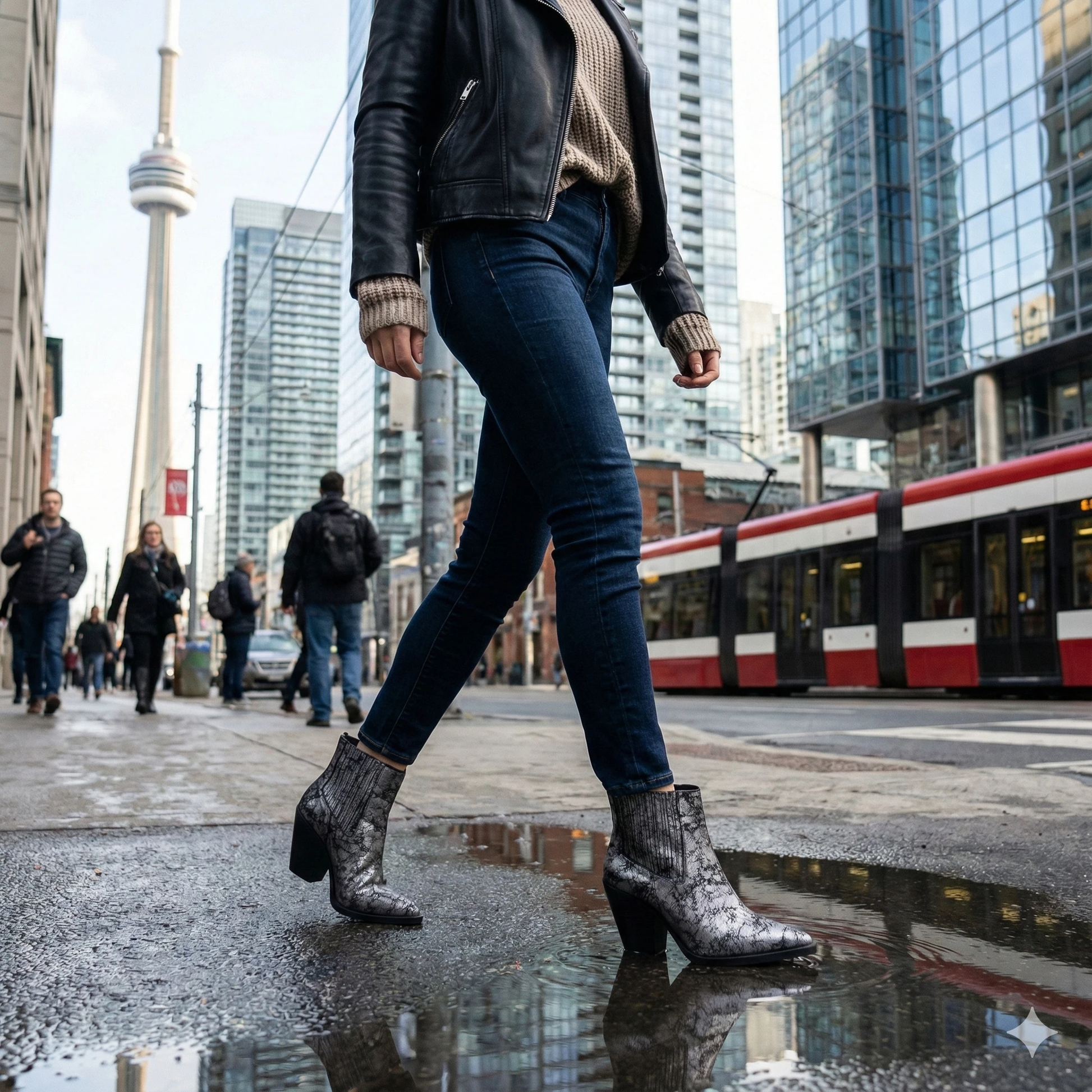 Woman wearing silver metallic cracked-texture ankle boots with pointed toe and chunky block heel on a rainy city street.