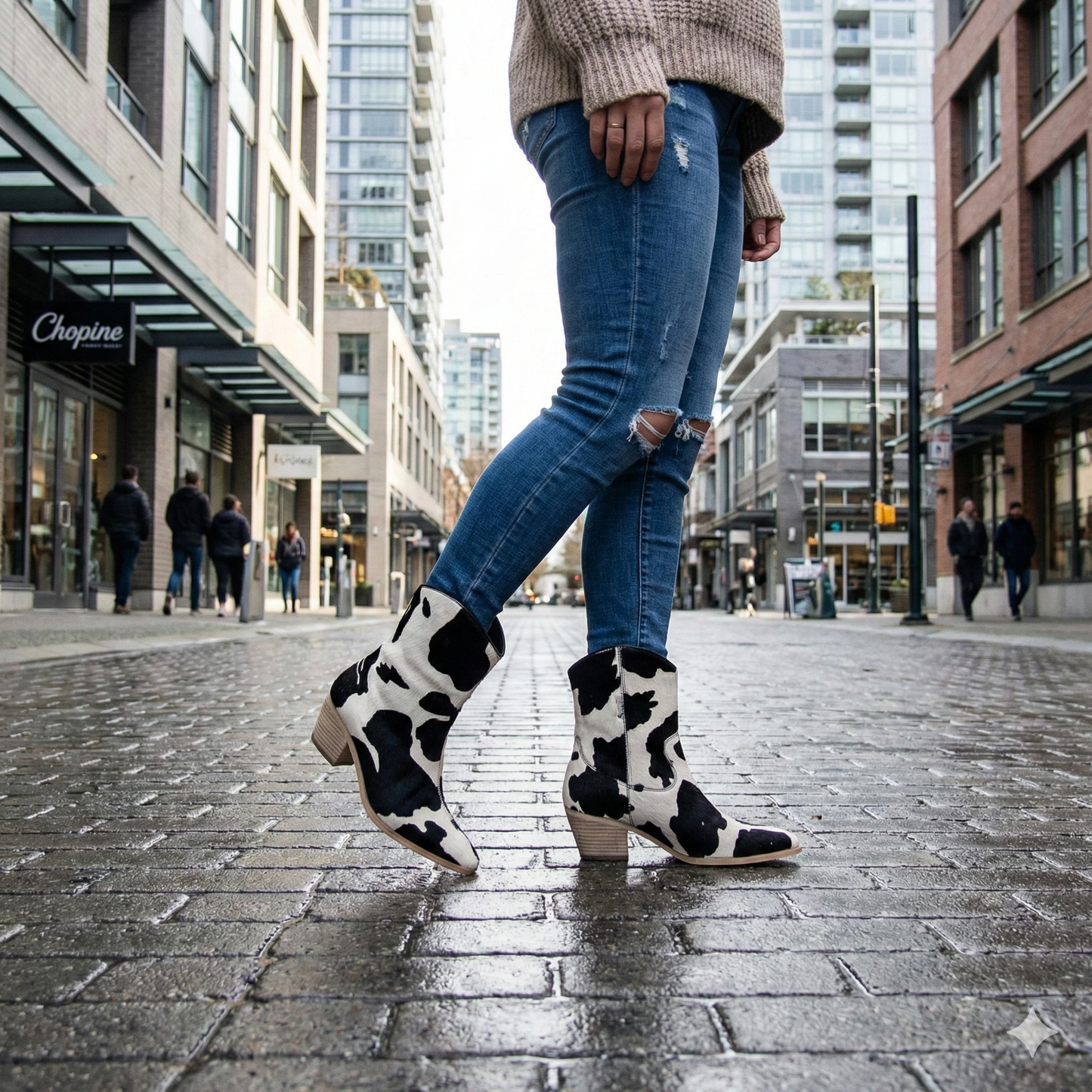 Cow-print hair-on leather Western ankle boots with a stacked heel, worn with ripped blue jeans on wet cobblestones.
