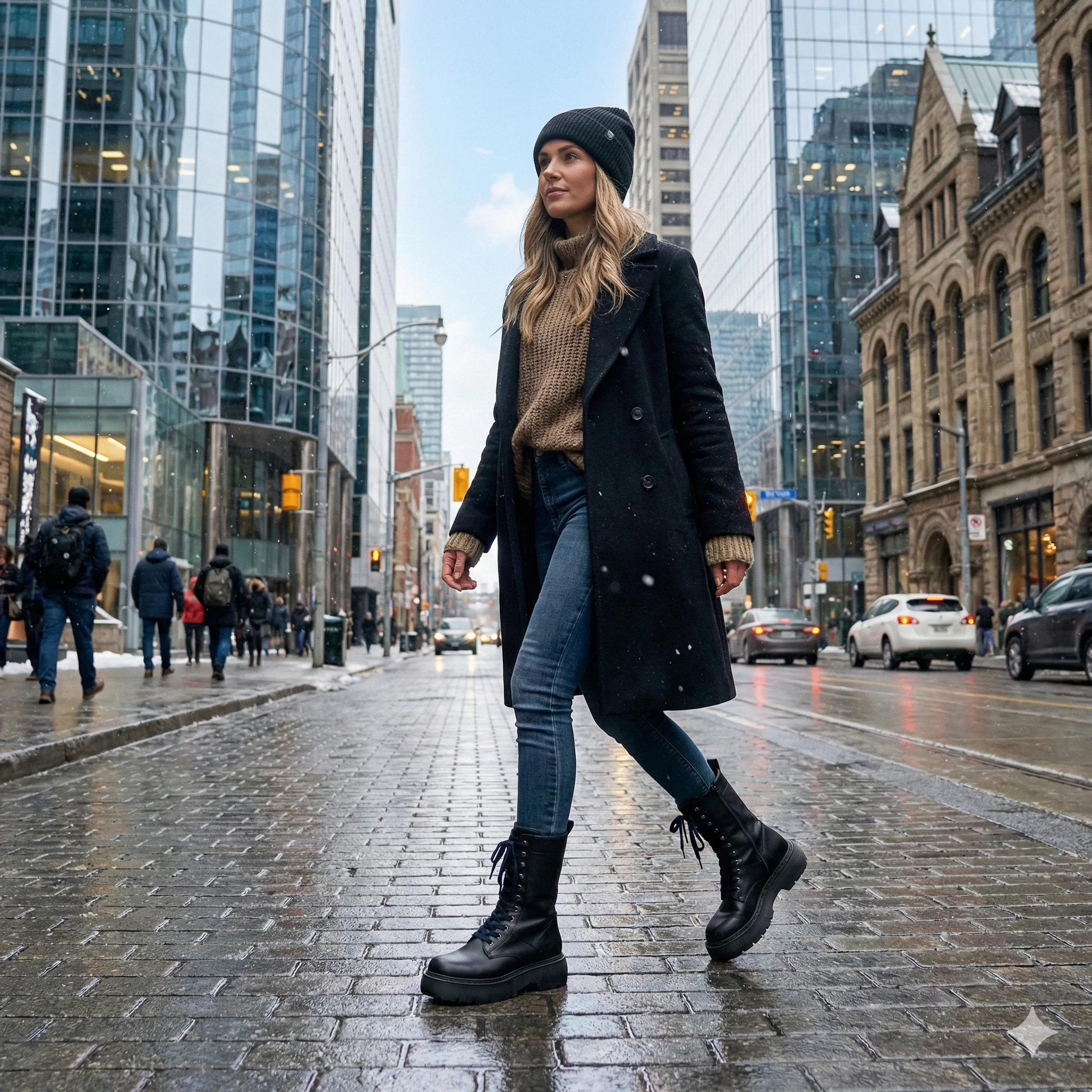Woman walking on street in a black coat, beige sweater, blue jeans, black beanie, and tall black lace-up boots.