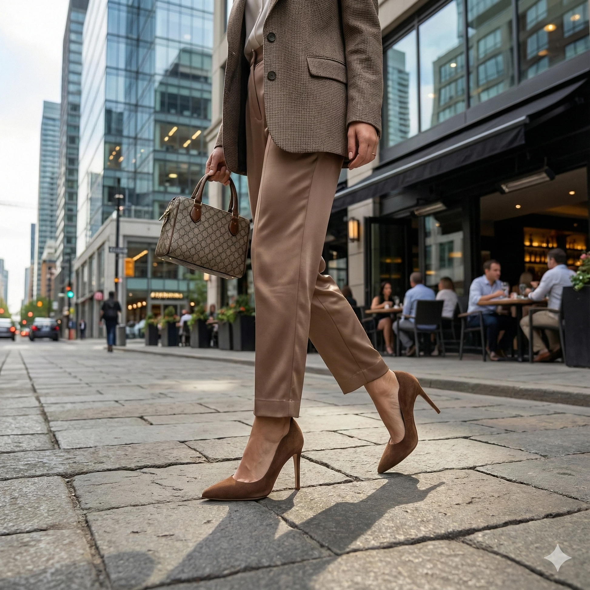 Chocolate brown suede pointed-toe stilettos with slender heels, worn with a tan suit on a city street.