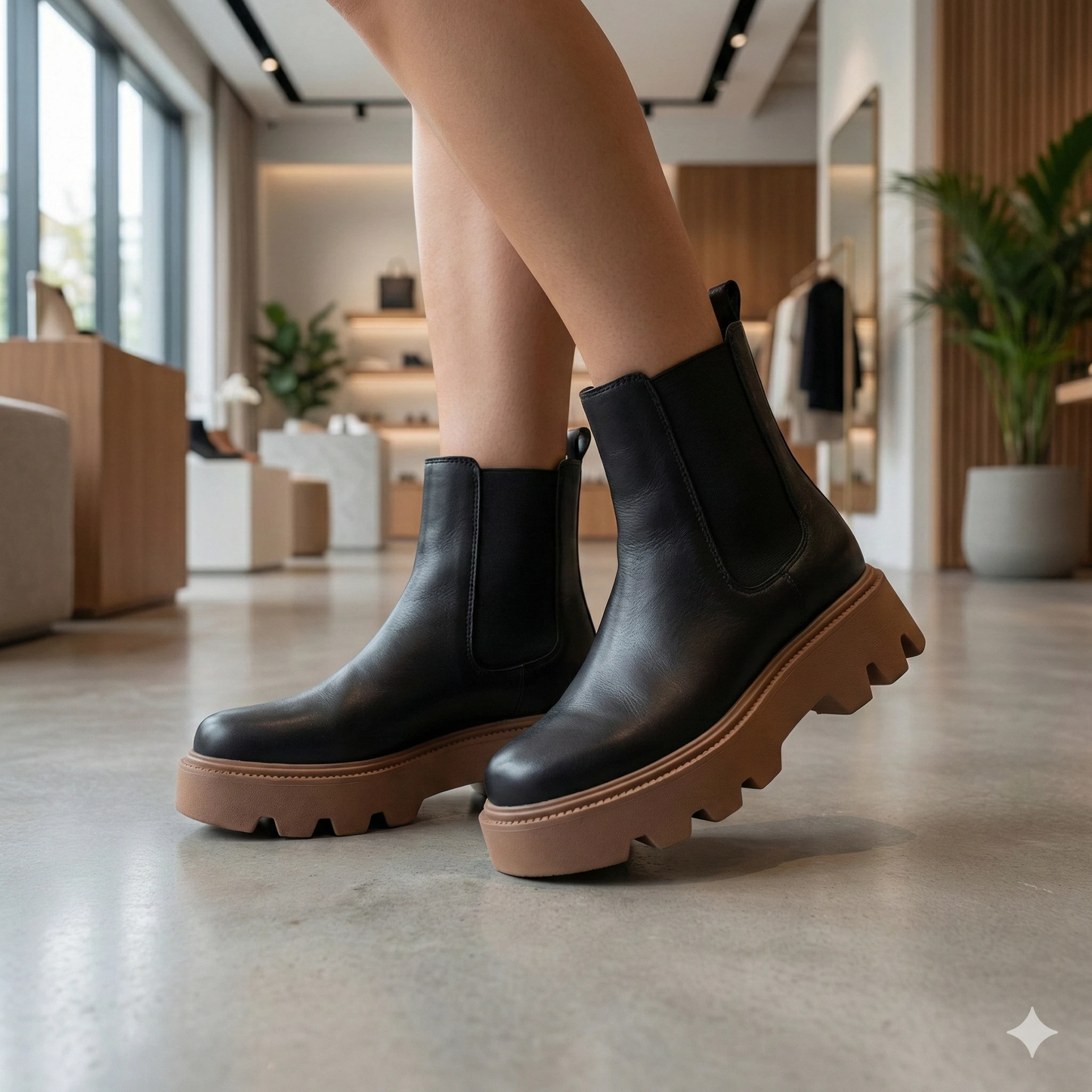 Women's Black Leather Chunky Chelsea Boots with Tan Lugged Sole