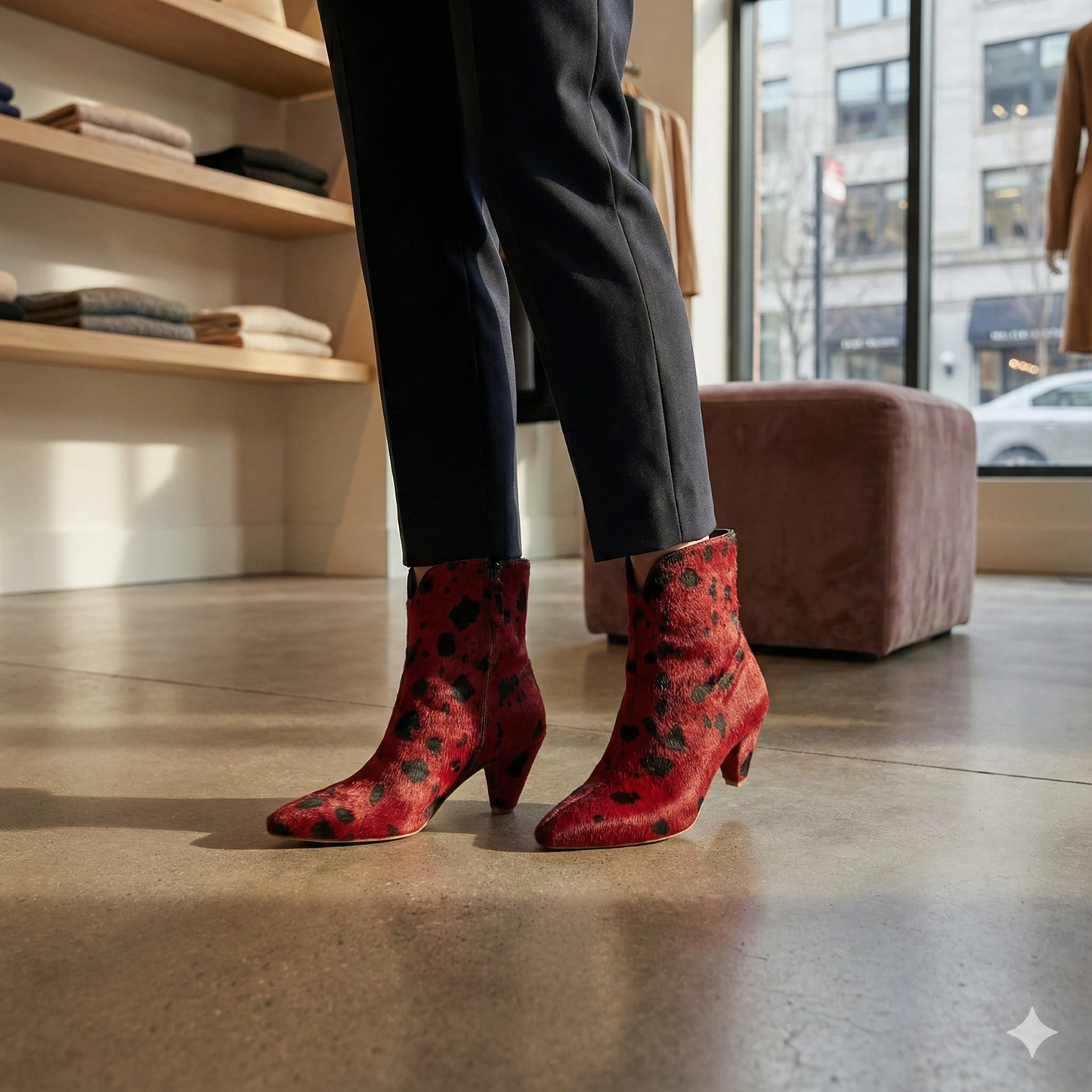 Red & Black Spotted Pony Hair Ankle Boots - Chic Pointed Toe Booties
