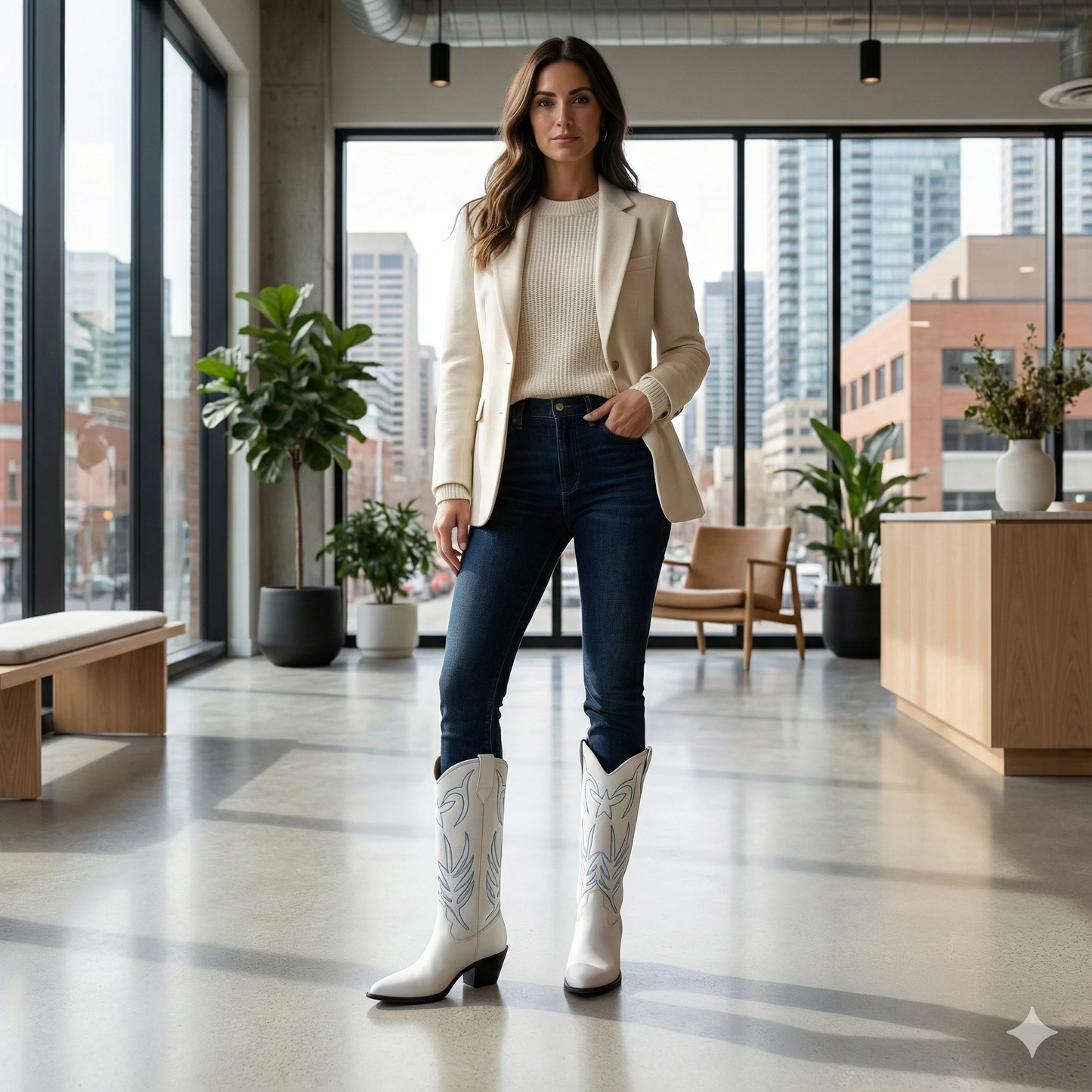 White leather western boots with blue embroidery, mid-calf, pointed toe and stacked heel, on a model in a bright modern space