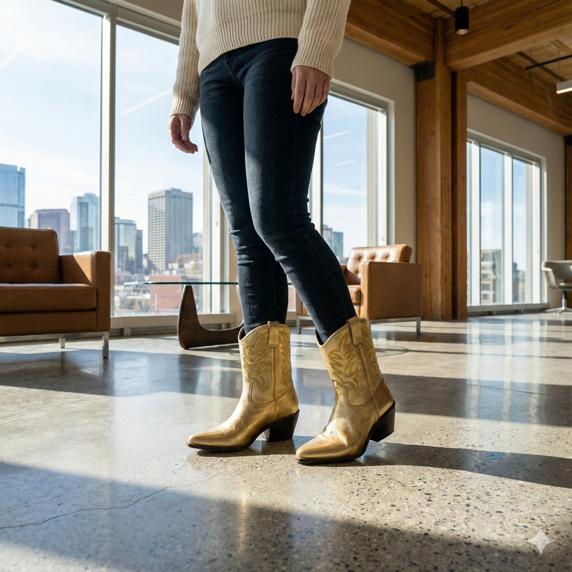 Person wearing gold metallic western ankle boots with a pointed toe and stacked heel, paired with dark jeans indoors.