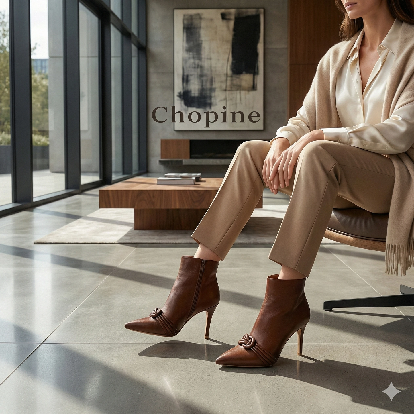 Cognac brown pointed-toe stiletto ankle boots with a knot detail, worn by a model in beige in a modern living space.