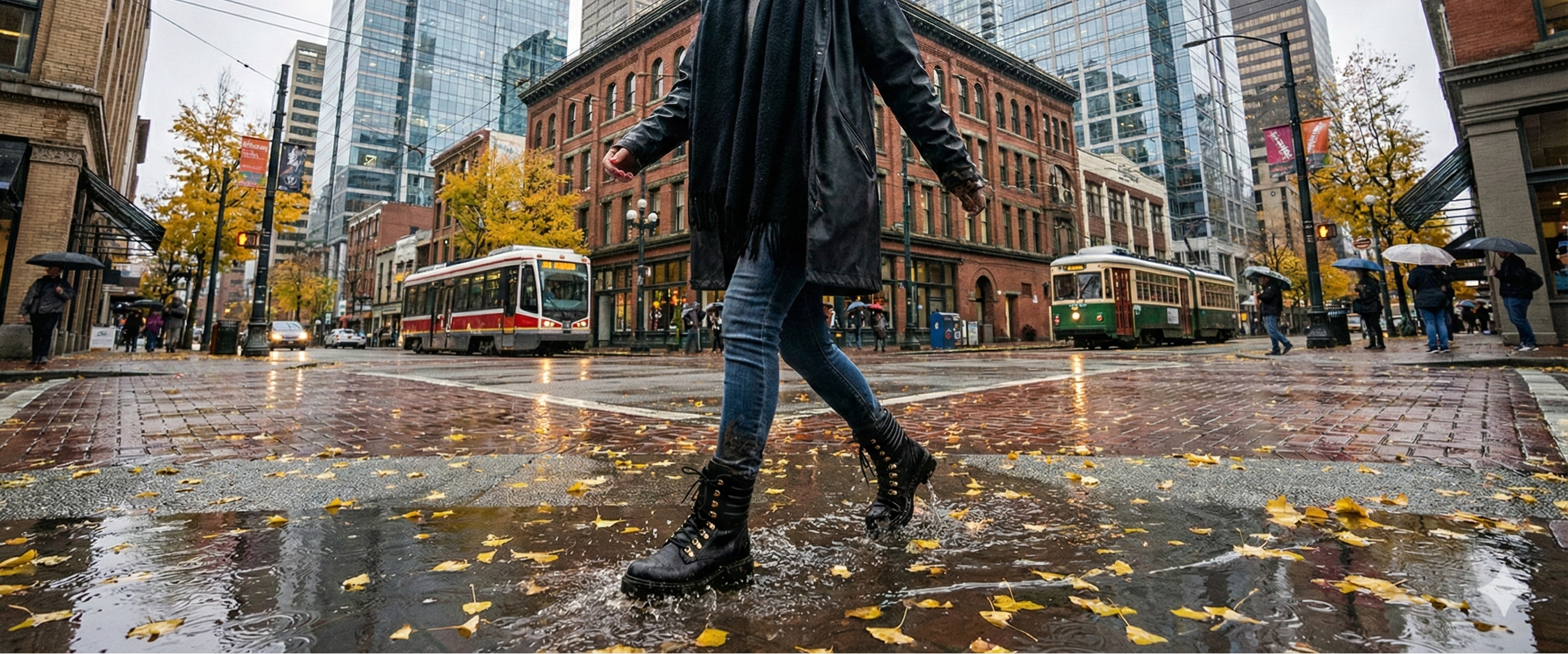Person walking on a city street with tall buildings and a rainy atmosphere