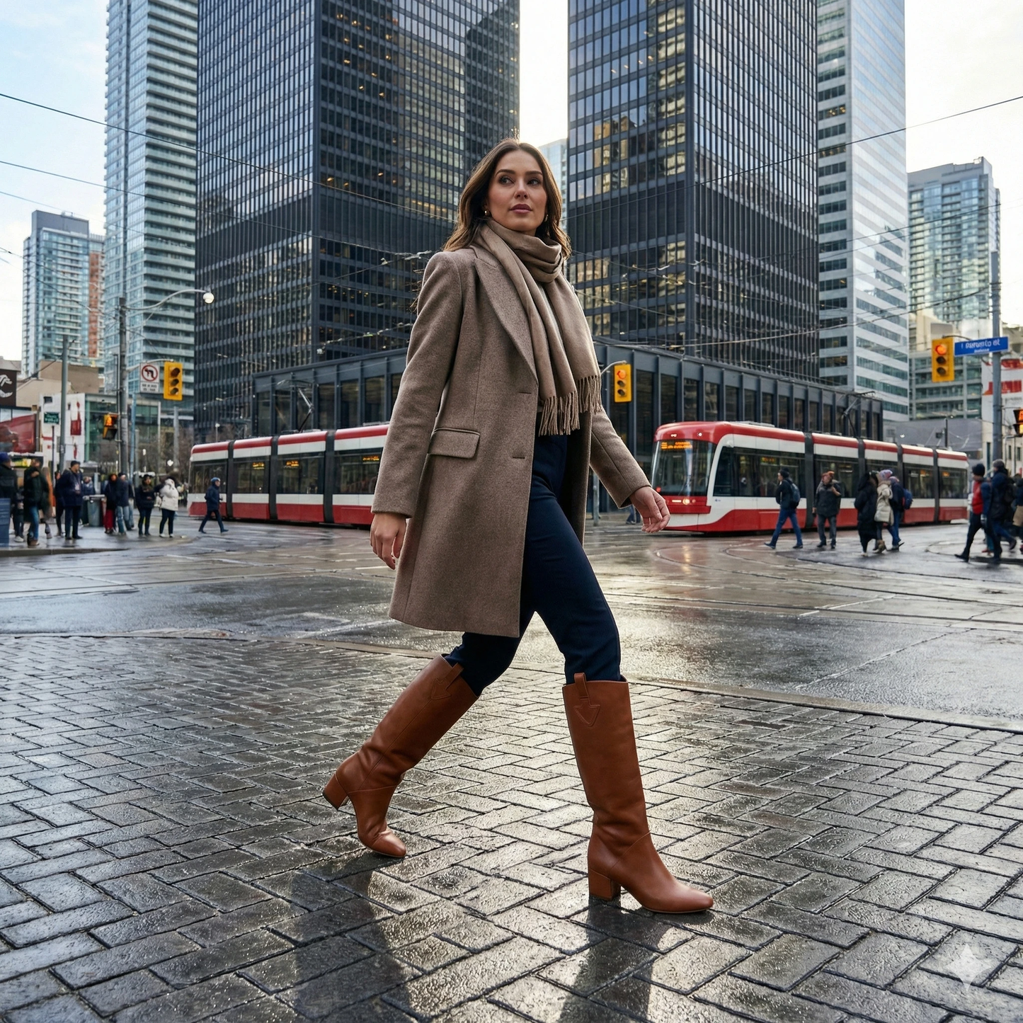 Woman walking on a wet street in cognac knee-high leather boots with a block heel, wearing a beige coat and scarf.