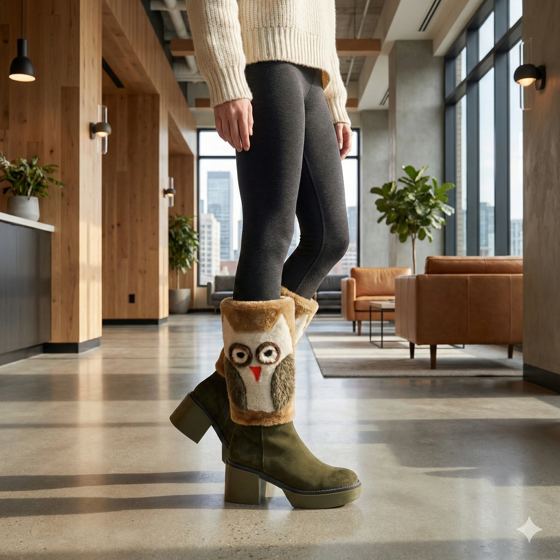 Forest green suede platform boots with fluffy owl cuff and chunky heel.