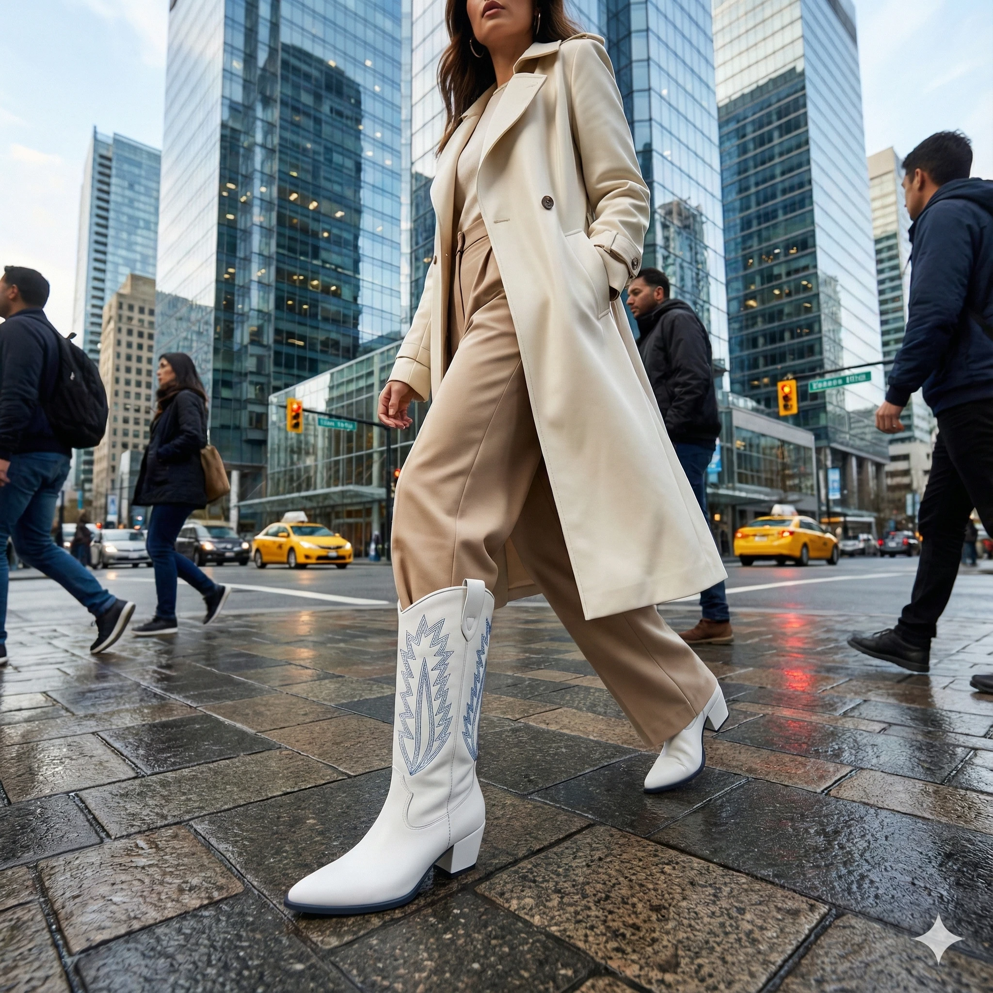 White leather cowboy boots with blue flame embroidery, worn with a beige suit and long coat on a city street.