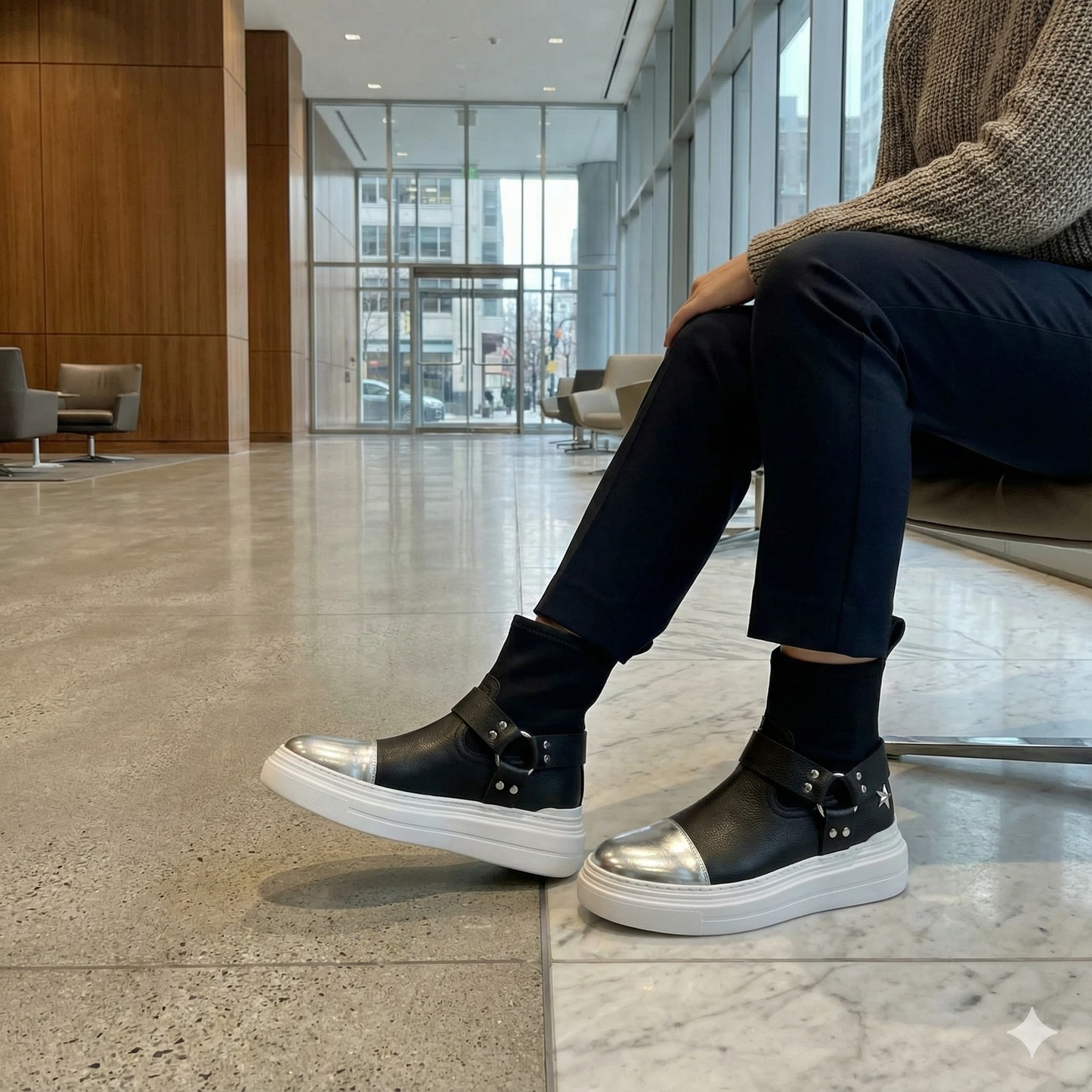 Black leather sock boots with silver toe caps and harness straps, white platform sole in a marble lobby.