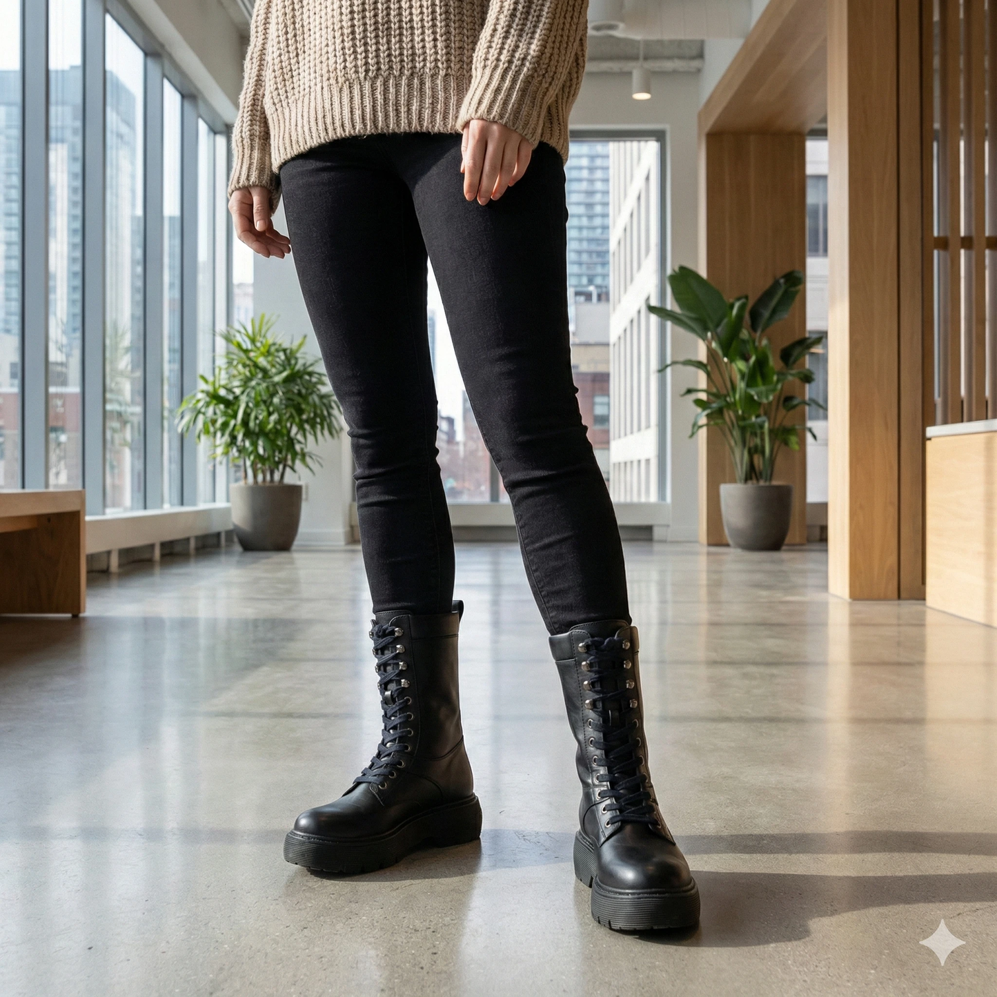 Model wearing black leather tall lace-up platform combat boots with chunky soles in a bright modern lobby.